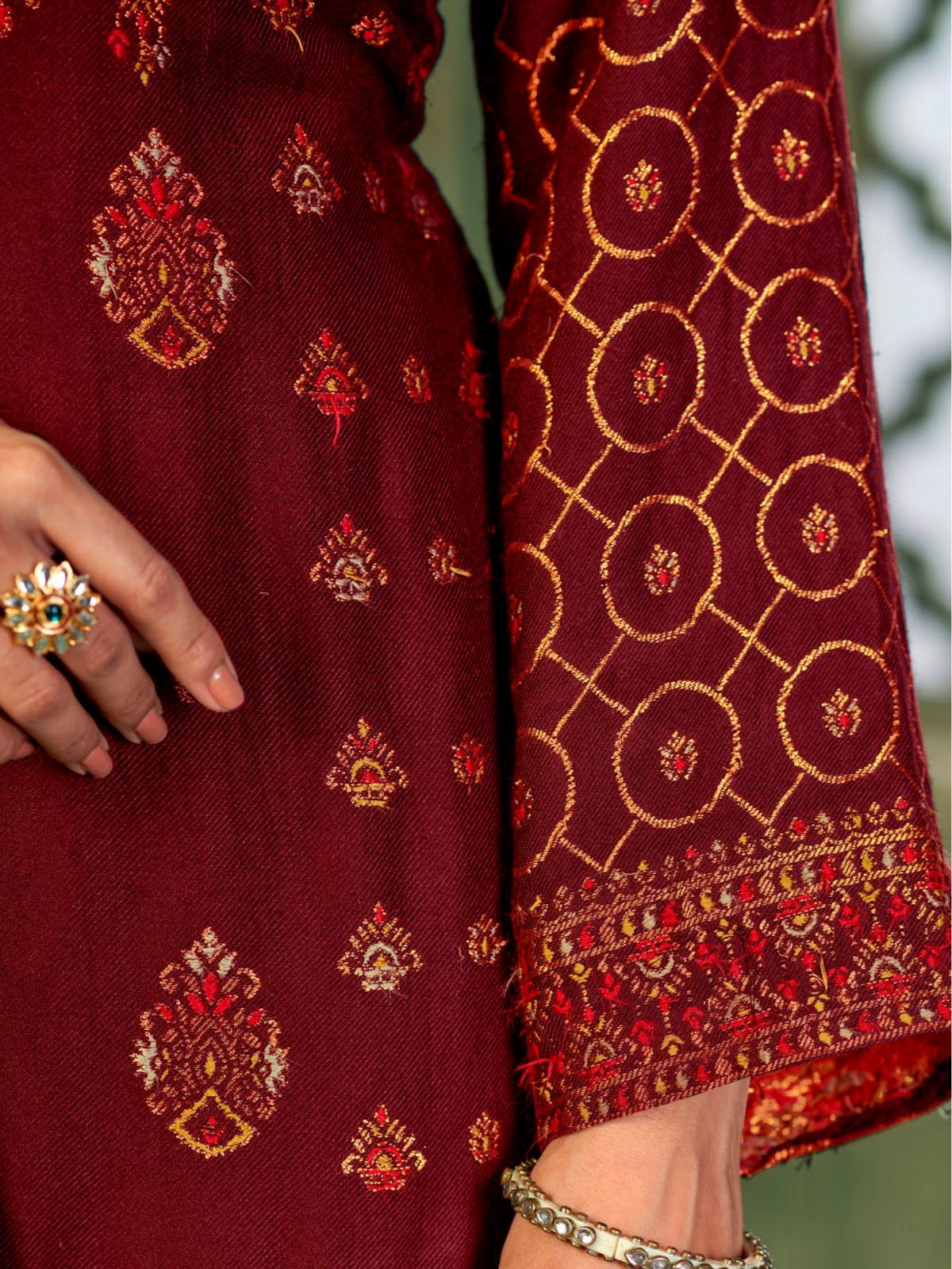 Odette Maroon Embroidered Viscose Semi Stitched Kurta Set For Women - Image 3