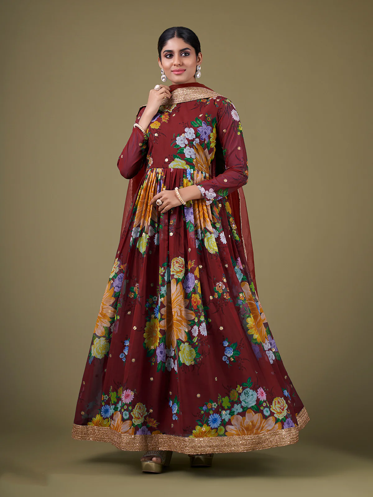 Odette Maroon Faux Georgette Printed Semi Stitched Anarkali Kurta Set For Women - Image 2
