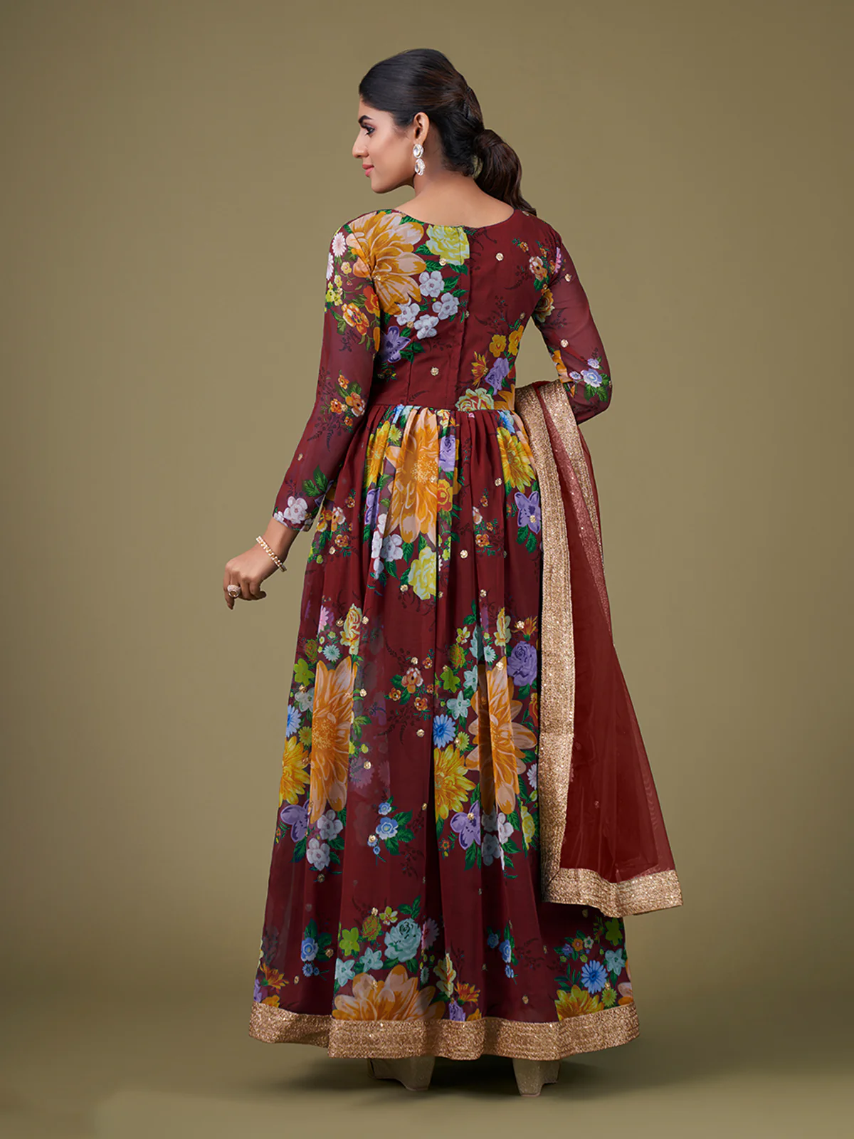 Odette Maroon Faux Georgette Printed Semi Stitched Anarkali Kurta Set For Women - Image 3