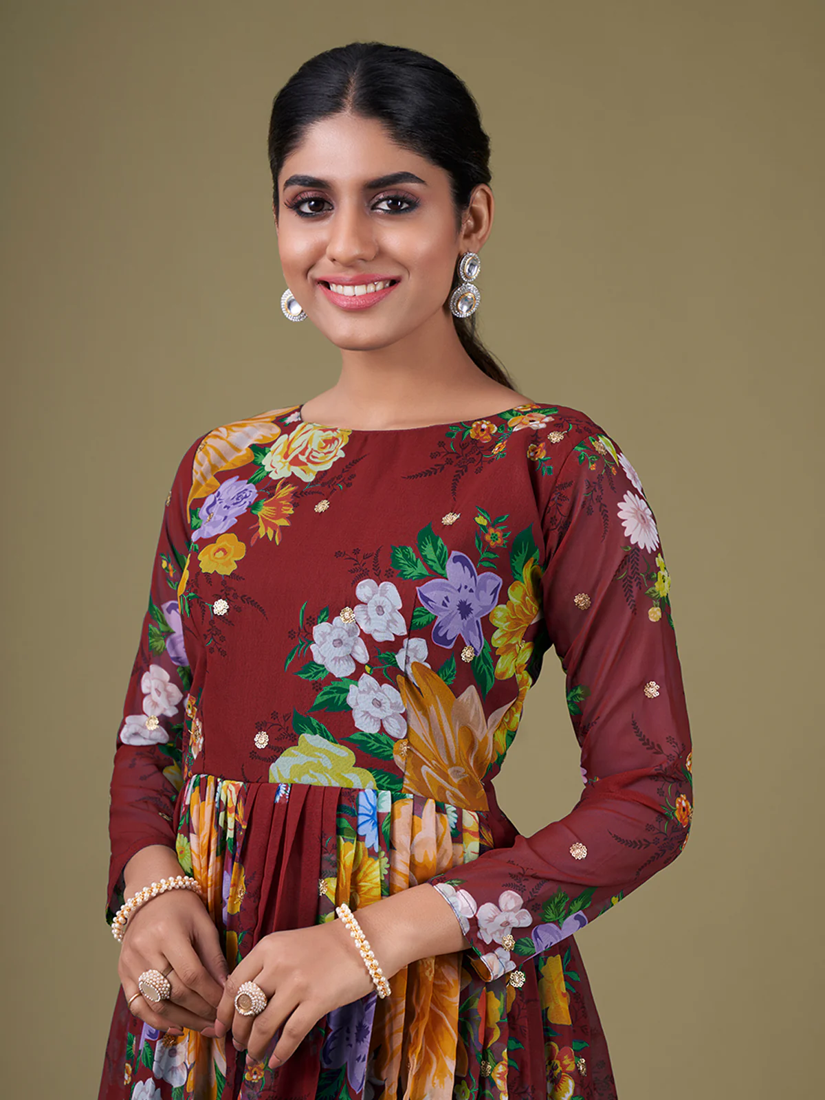 Odette Maroon Faux Georgette Printed Semi Stitched Anarkali Kurta Set For Women - Image 5