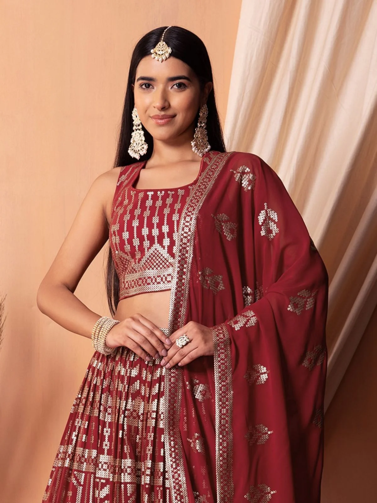 Odette Maroon Georgette Embellished Semi-Stitched Lehenga For Women - Image 2