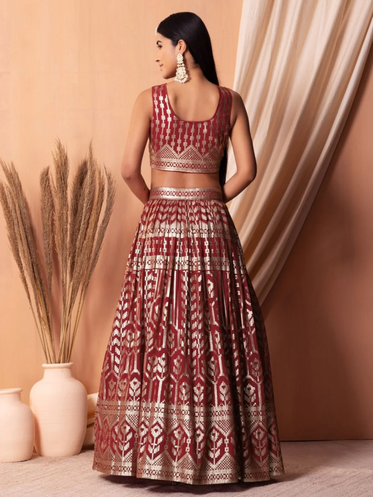 Odette Maroon Georgette Embellished Semi-Stitched Lehenga For Women - Image 3
