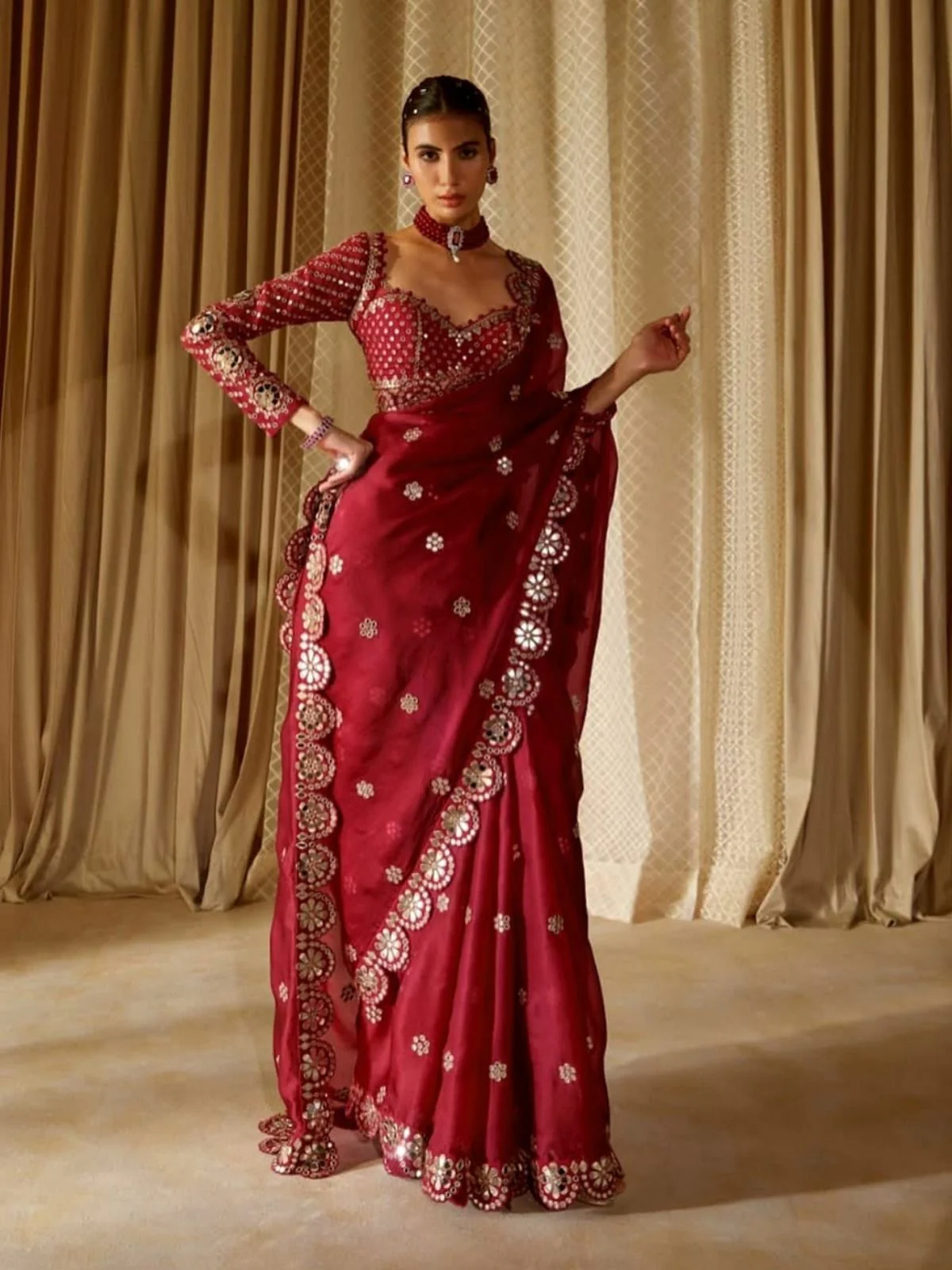 Odette Maroon Georgette Embellished Solid Saree For Women