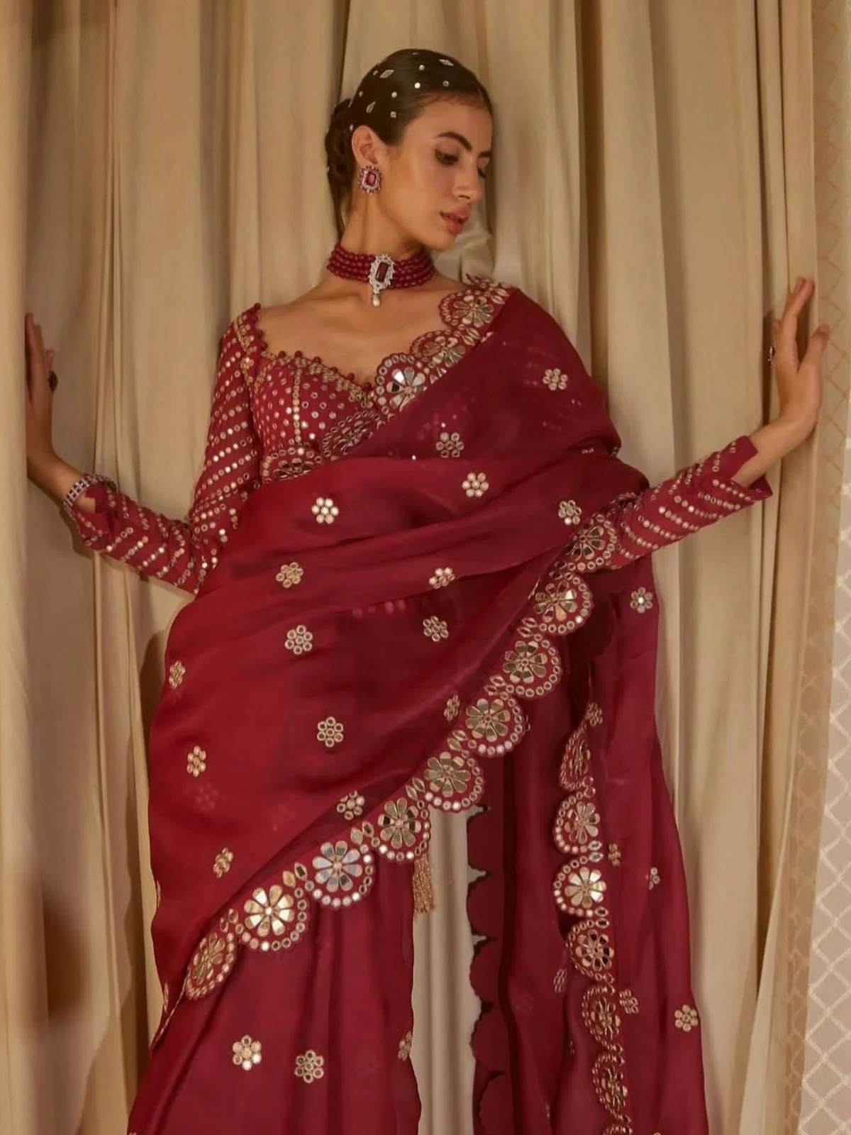 Odette Maroon Georgette Embellished Solid Saree For Women - Image 2
