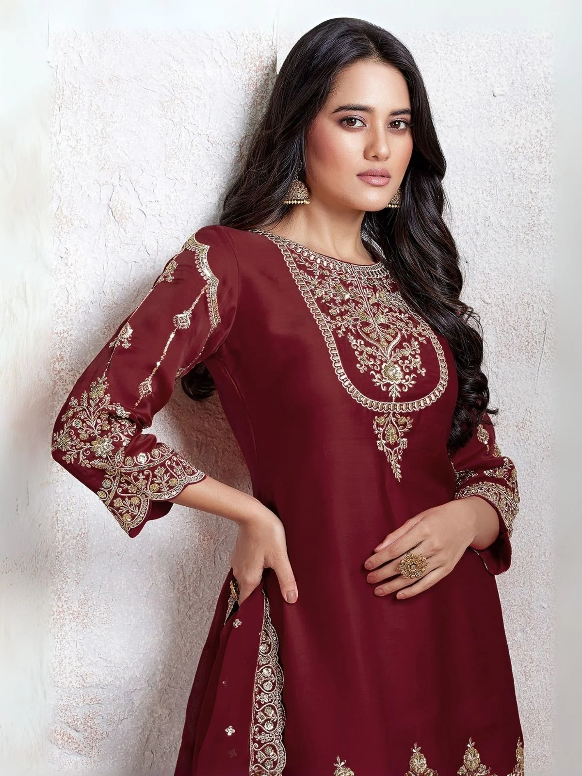 Odette Maroon Georgette Embroidered & Cutwork Semi-Sitched Kurta Set For Women - Image 2