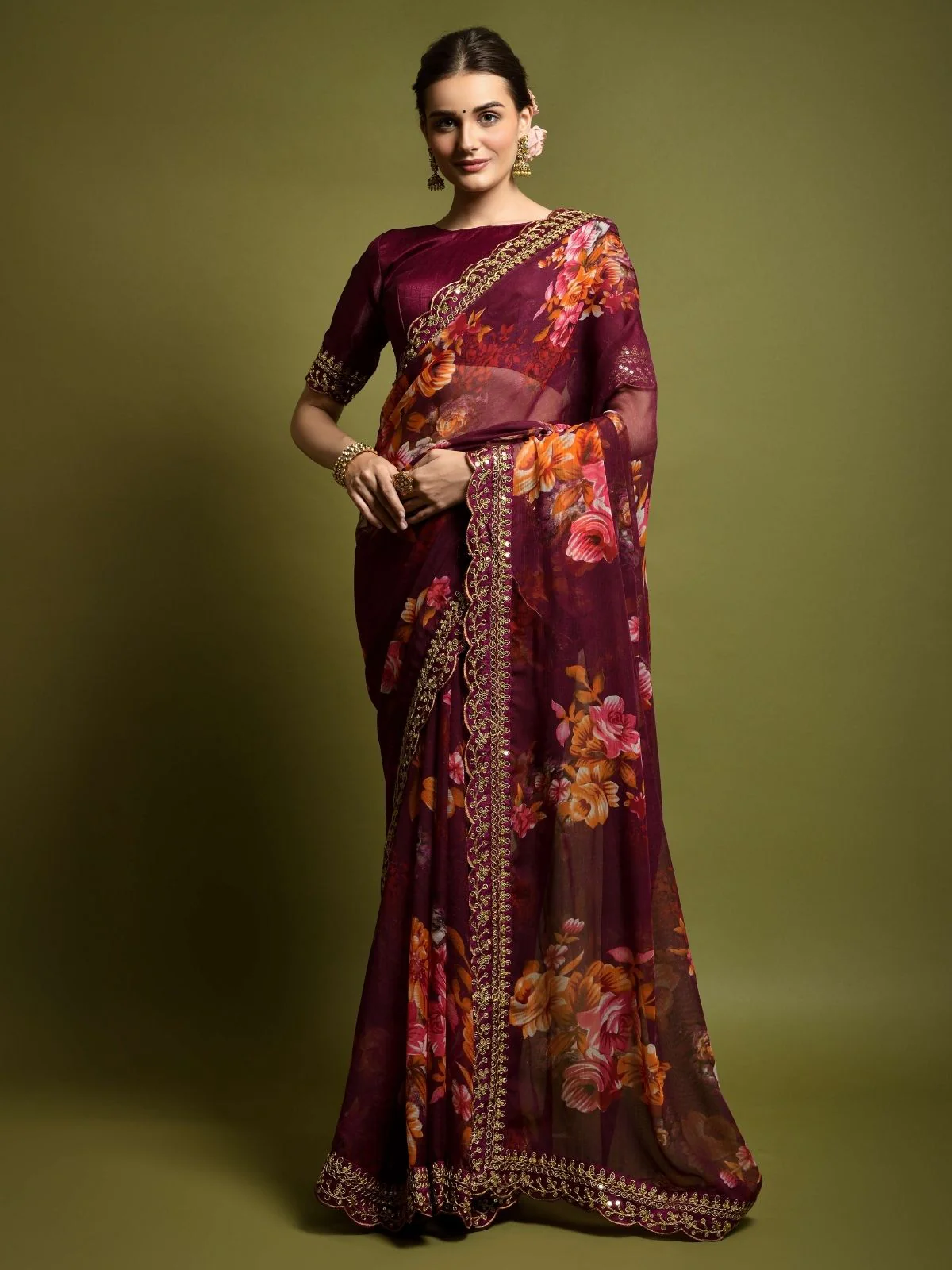 Odette Maroon Georgette Embroidered Printed Saree For Women