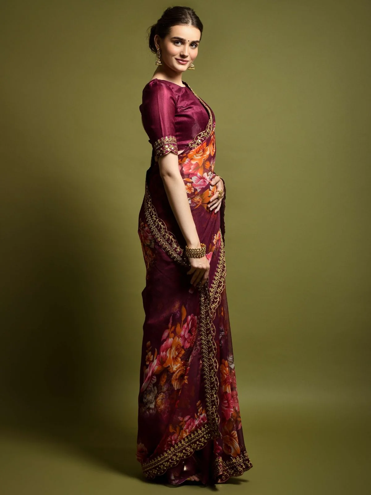 Odette Maroon Georgette Embroidered Printed Saree For Women - Image 2
