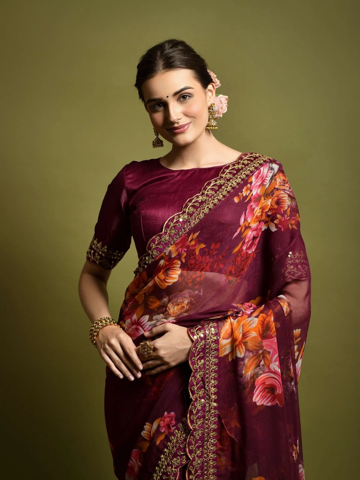 Odette Maroon Georgette Embroidered Printed Saree For Women - Image 3