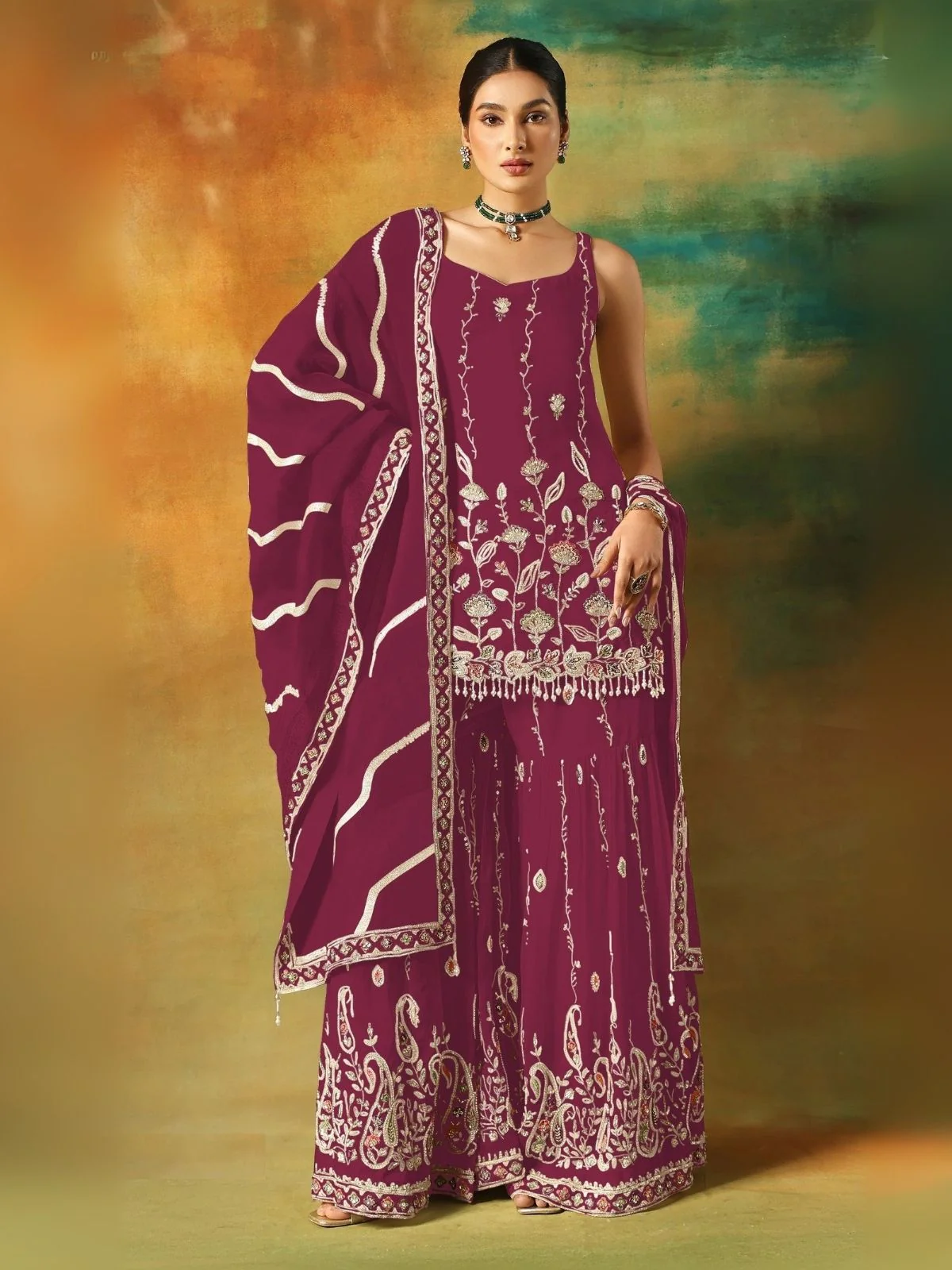 Odette Maroon Georgette Embroidered Semi-Sitched Kurta Set For Women