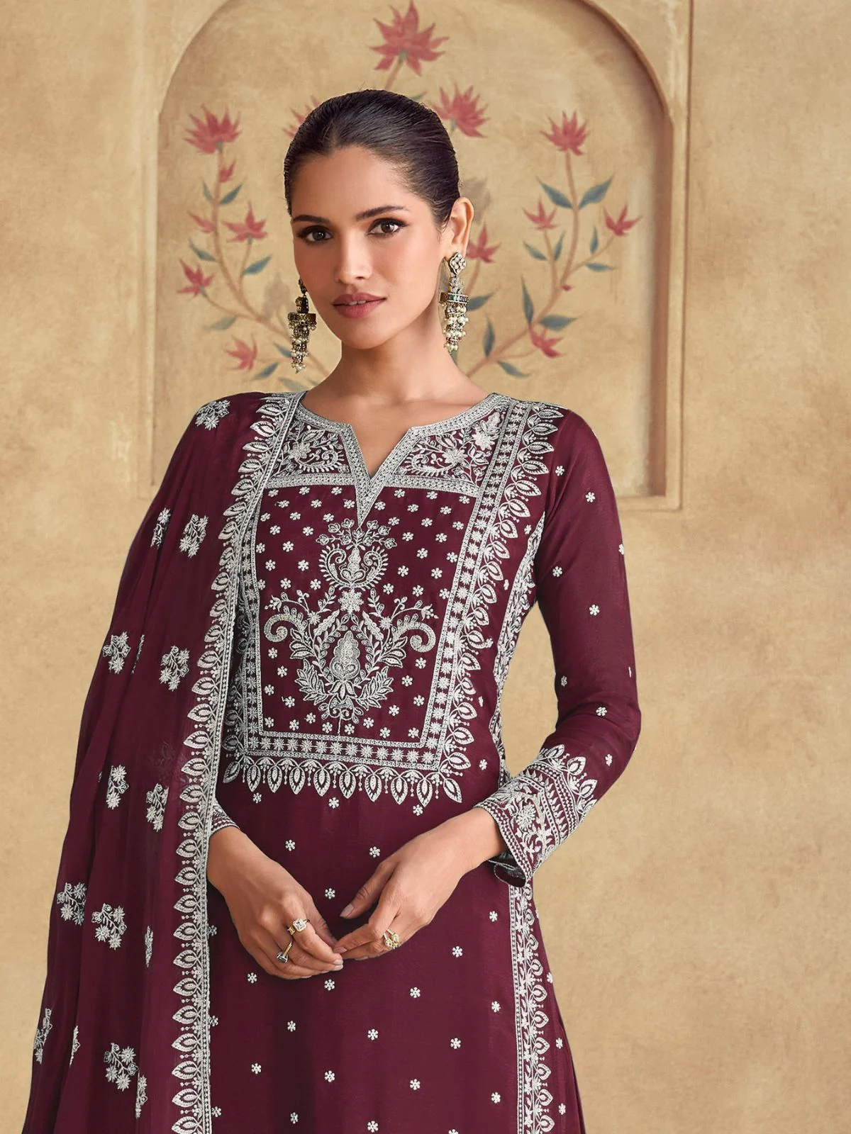 Odette Maroon Georgette Embroidered Semi-Stitched Kurta Set For Women - Image 2