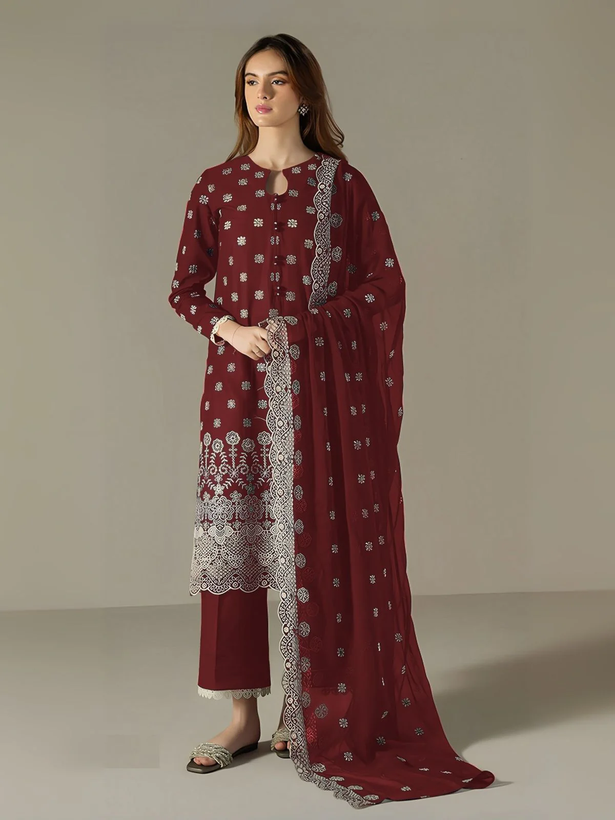 Odette Maroon Georgette Embroidered Semi Stitched Kurta Set For Women