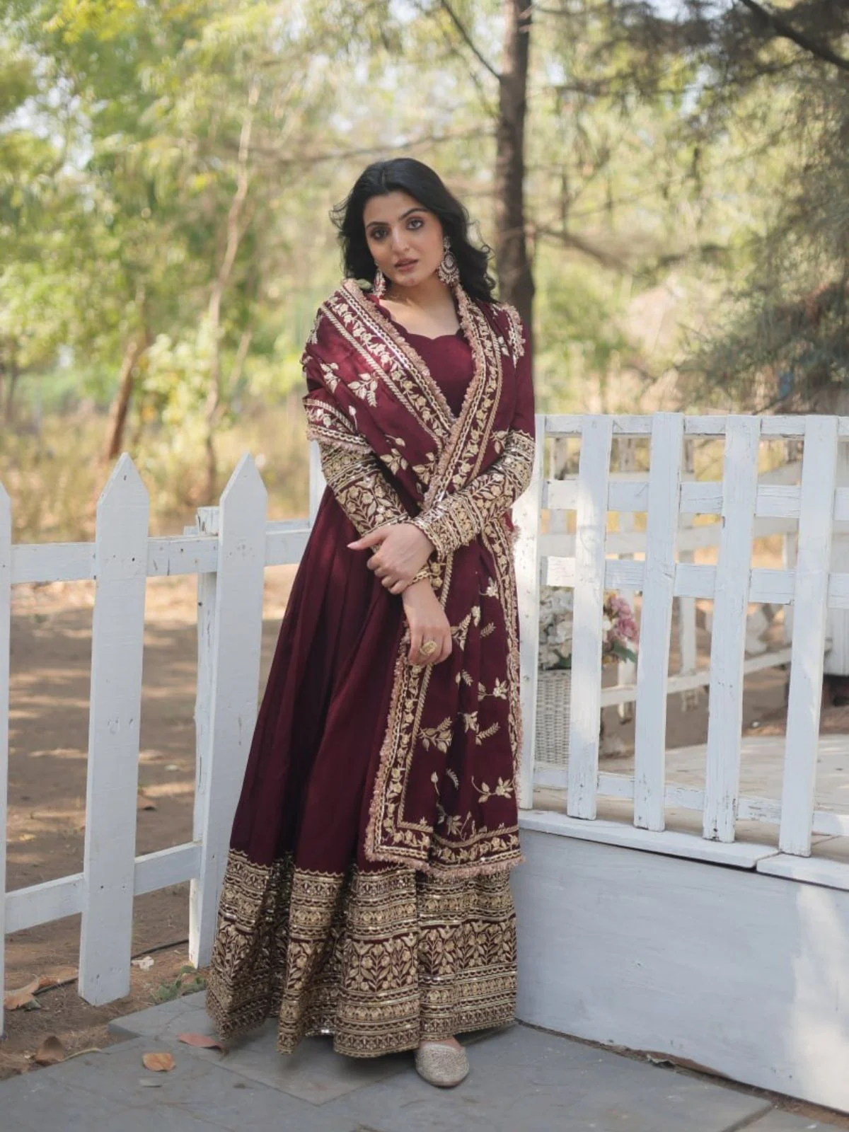 Odette Maroon Georgette Embroidered Stitched Gown With Dupatta For Women