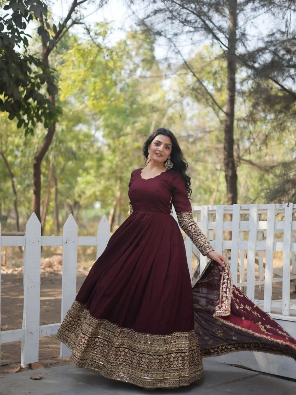 Odette Maroon Georgette Embroidered Stitched Gown With Dupatta For Women - Image 3