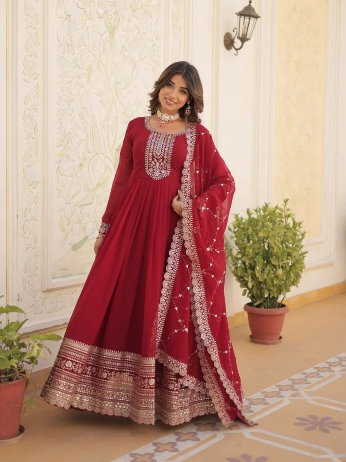 Odette Maroon Georgette Embroidered Stitched Gown With Dupatta For Women