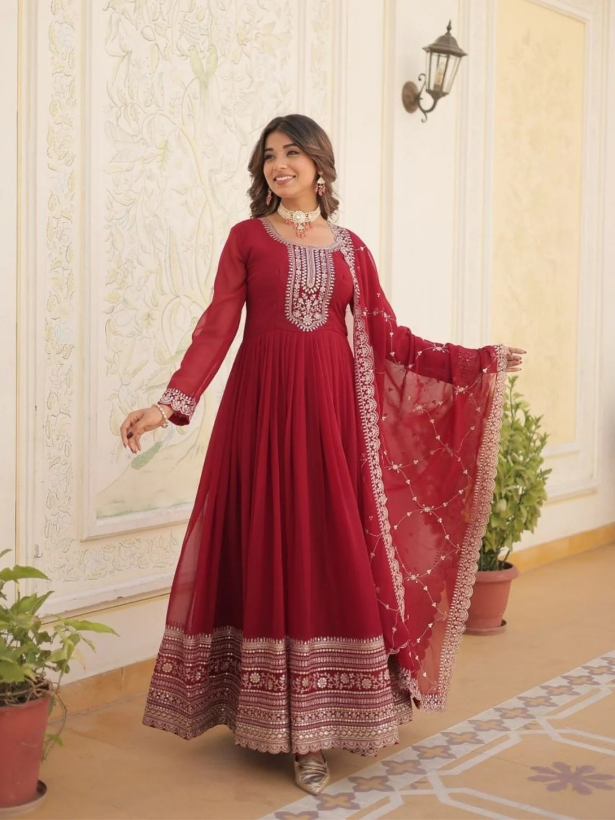 Odette Maroon Georgette Embroidered Stitched Gown With Dupatta For Women - Image 2
