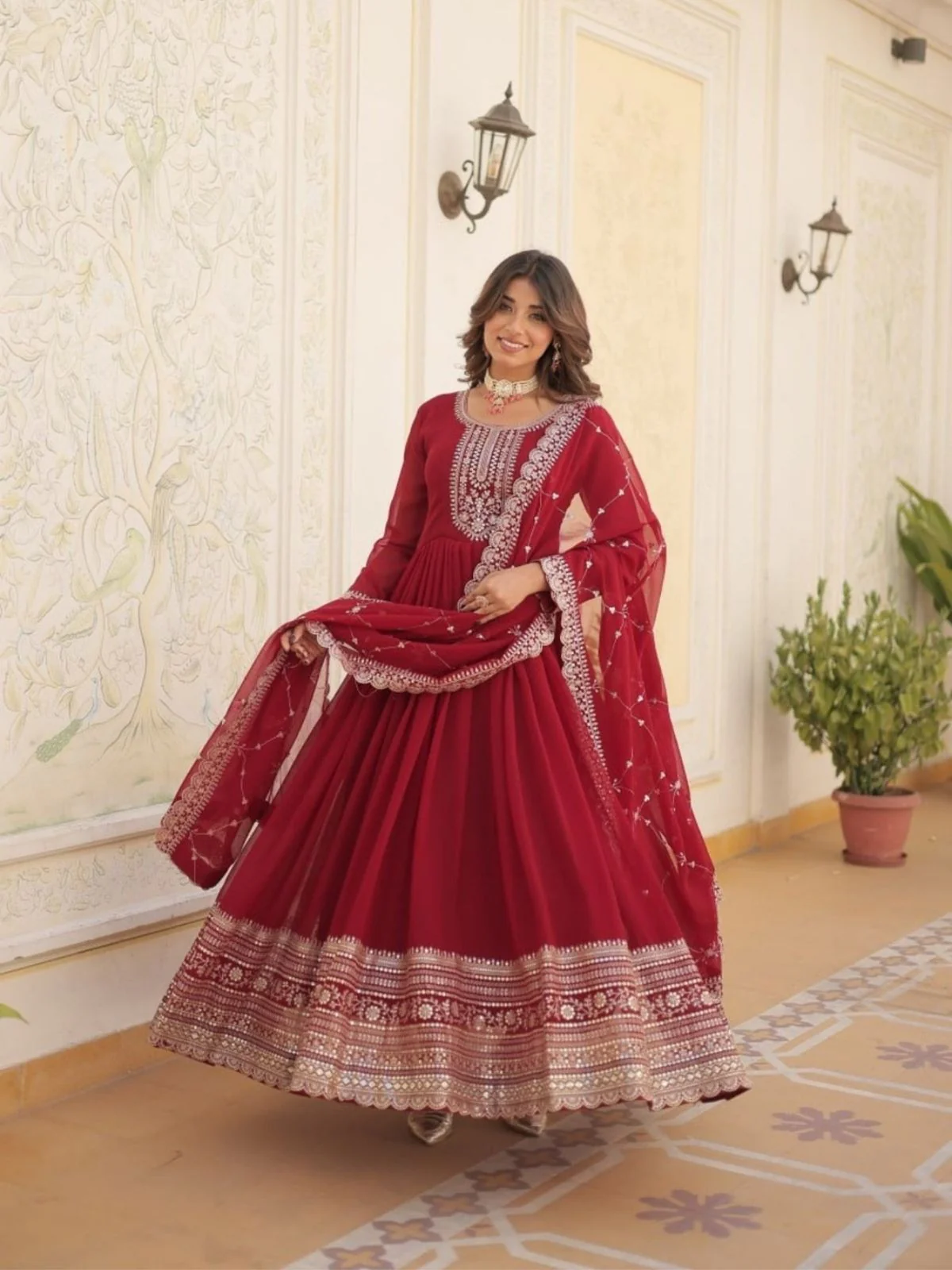 Odette Maroon Georgette Embroidered Stitched Gown With Dupatta For Women - Image 3