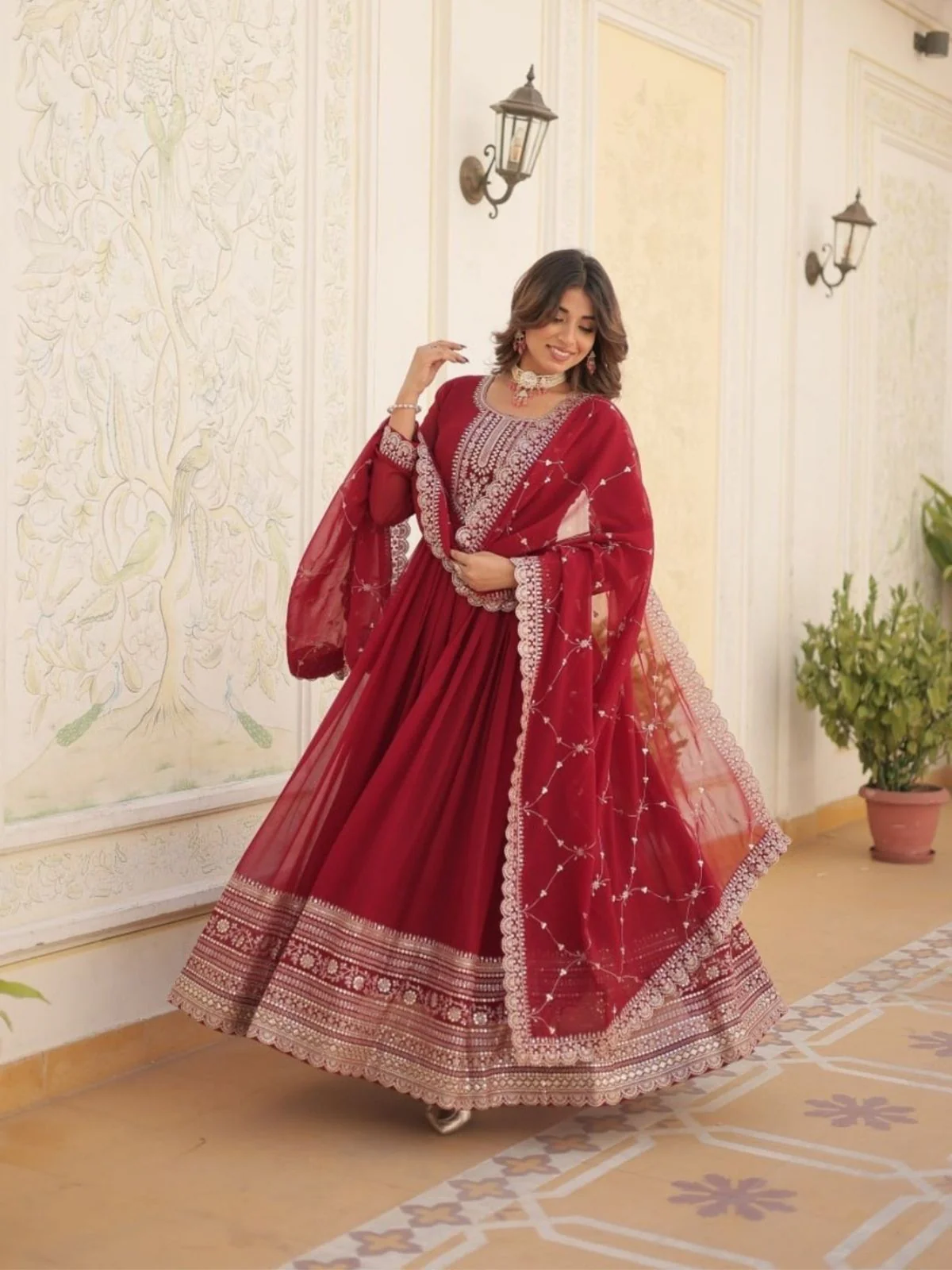 Odette Maroon Georgette Embroidered Stitched Gown With Dupatta For Women - Image 4