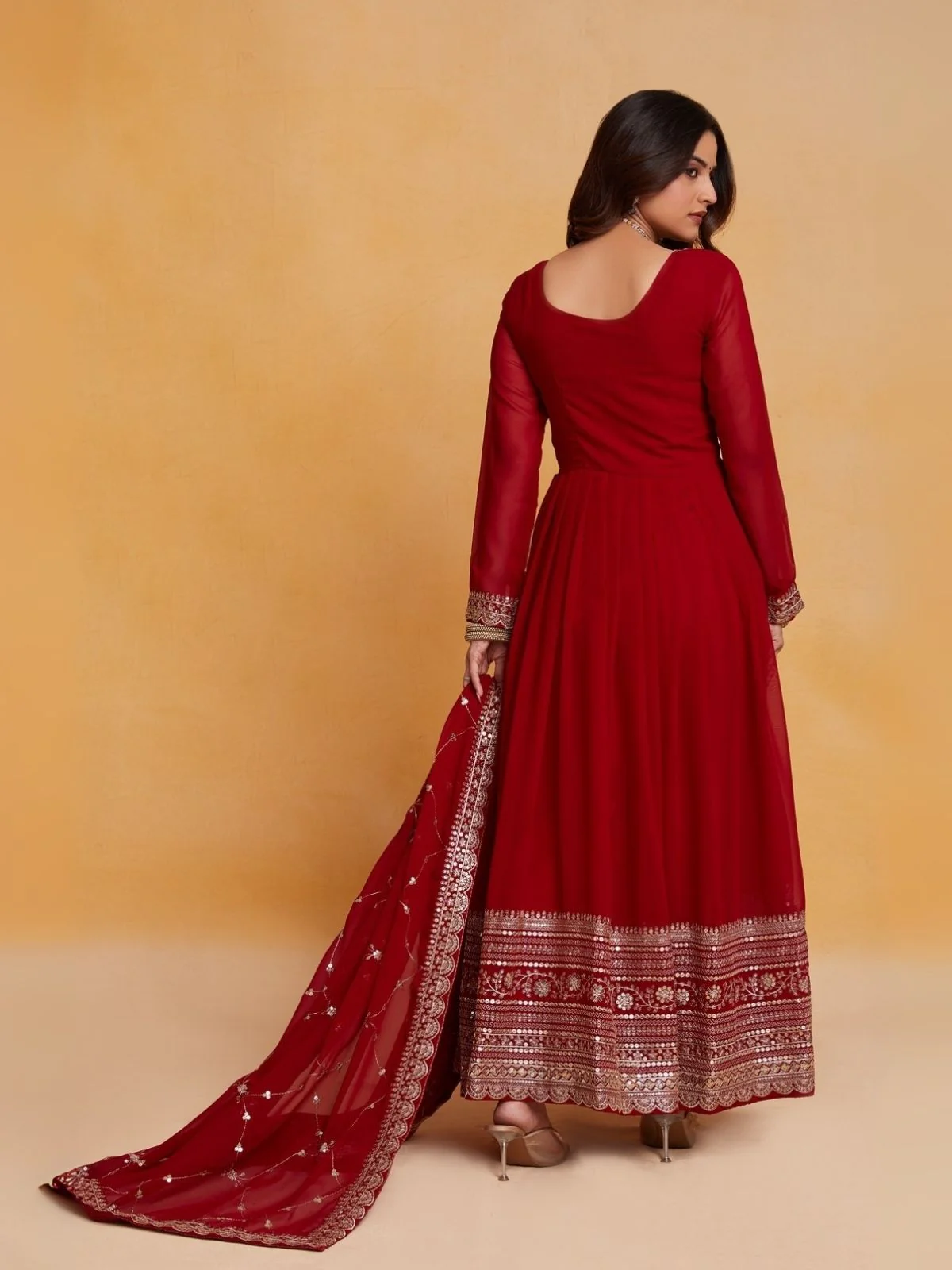 Odette Maroon Georgette Embroidered Stitched Gown With Dupatta For Women - Image 5