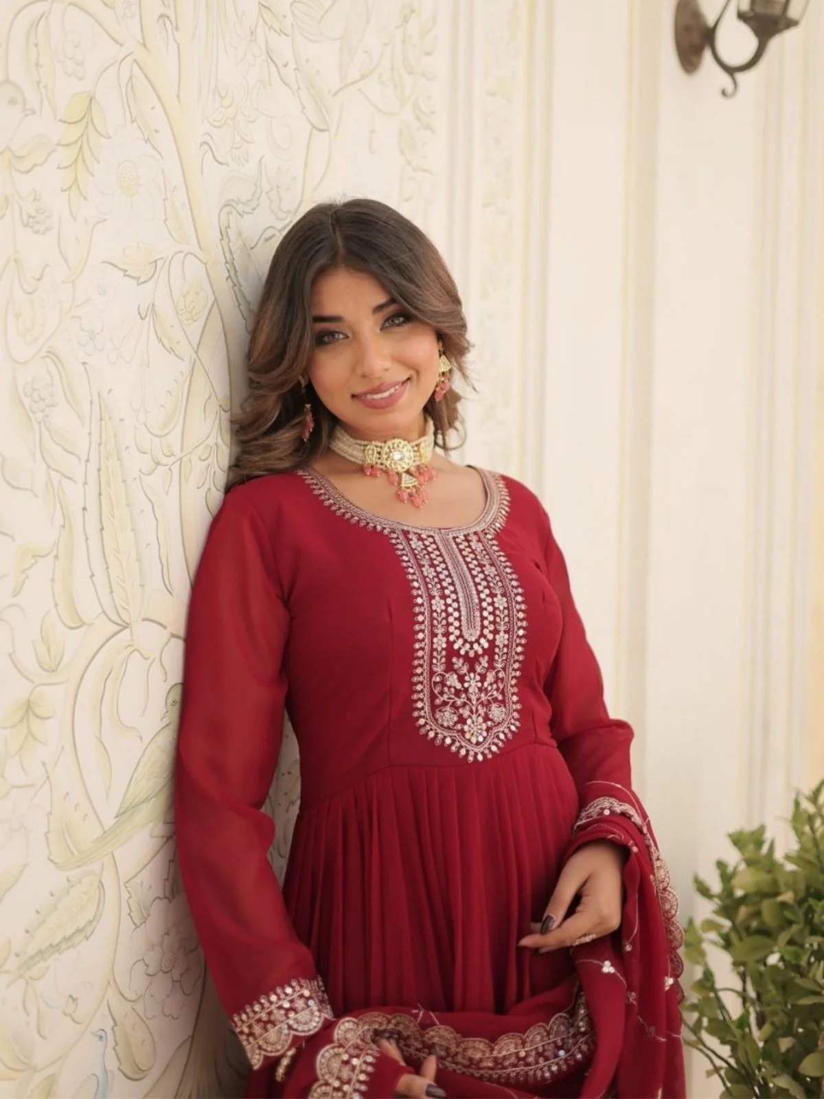Odette Maroon Georgette Embroidered Stitched Gown With Dupatta For Women - Image 6