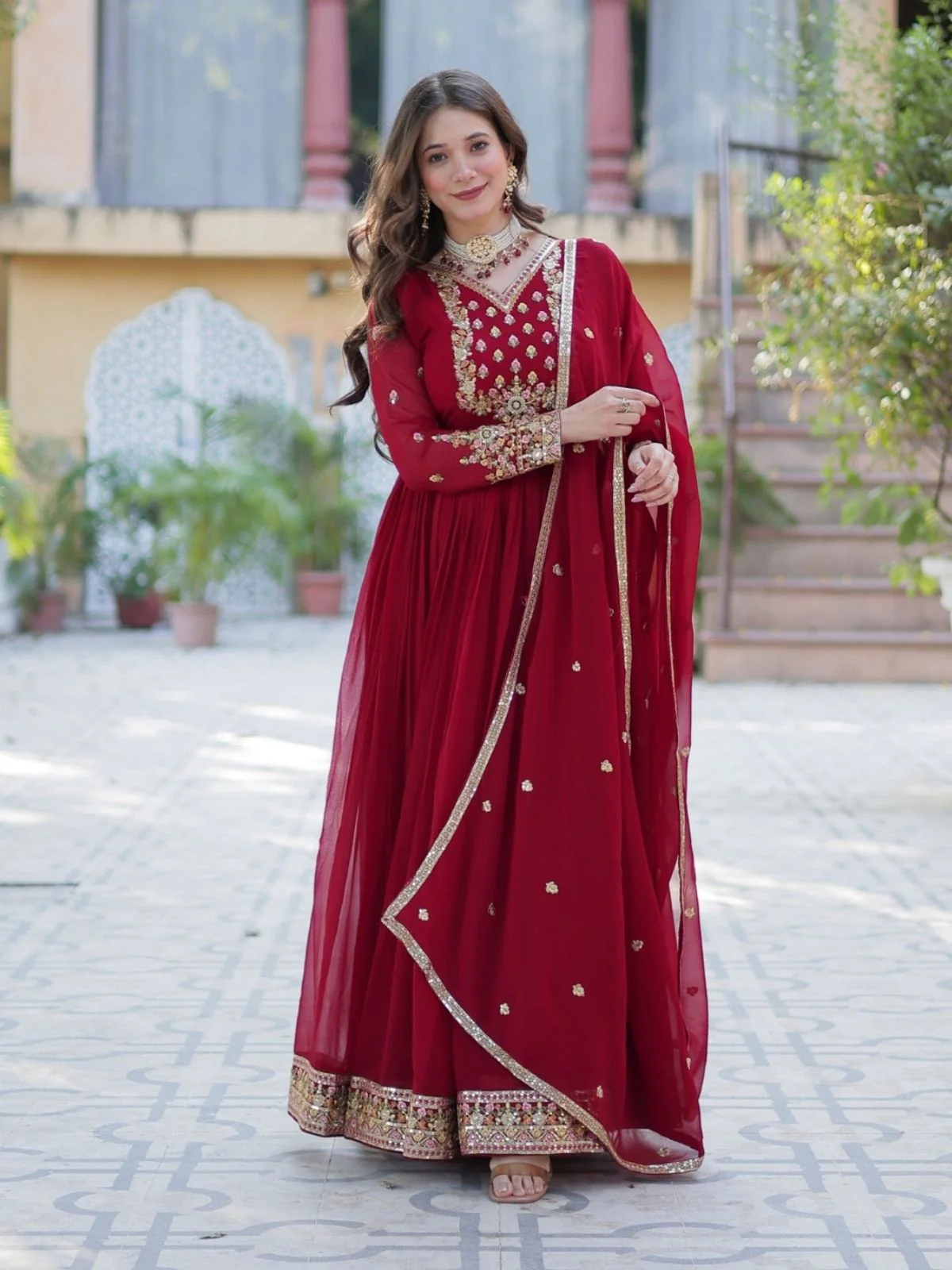 Odette Maroon Georgette Embroidered Stitched Gown With Dupatta For Women