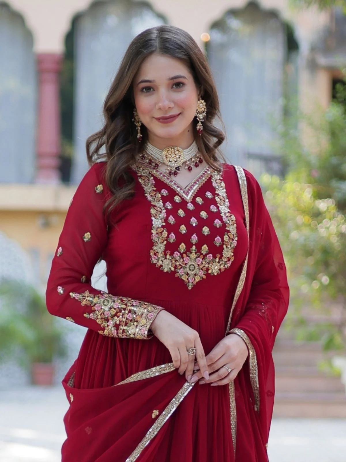 Odette Maroon Georgette Embroidered Stitched Gown With Dupatta For Women - Image 5