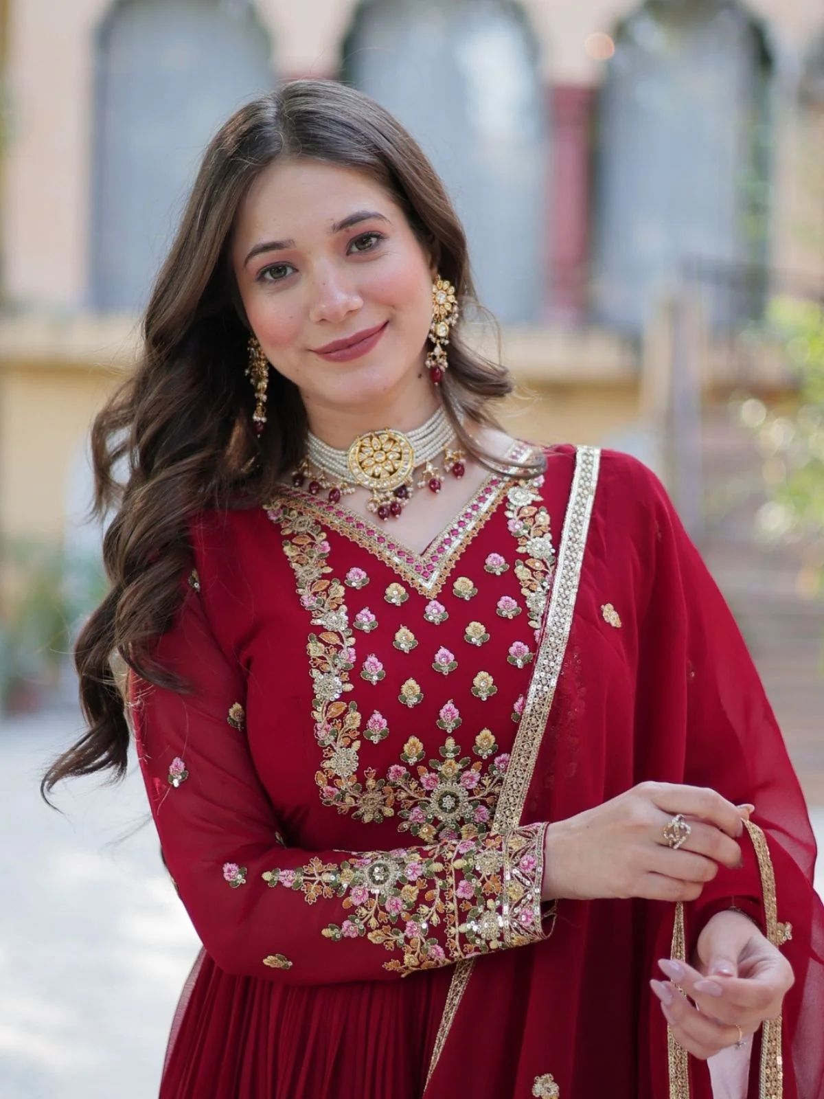 Odette Maroon Georgette Embroidered Stitched Gown With Dupatta For Women - Image 7