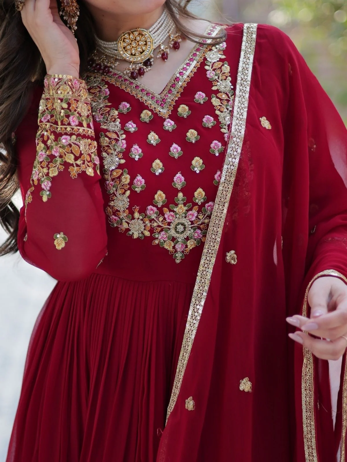 Odette Maroon Georgette Embroidered Stitched Gown With Dupatta For Women - Image 8
