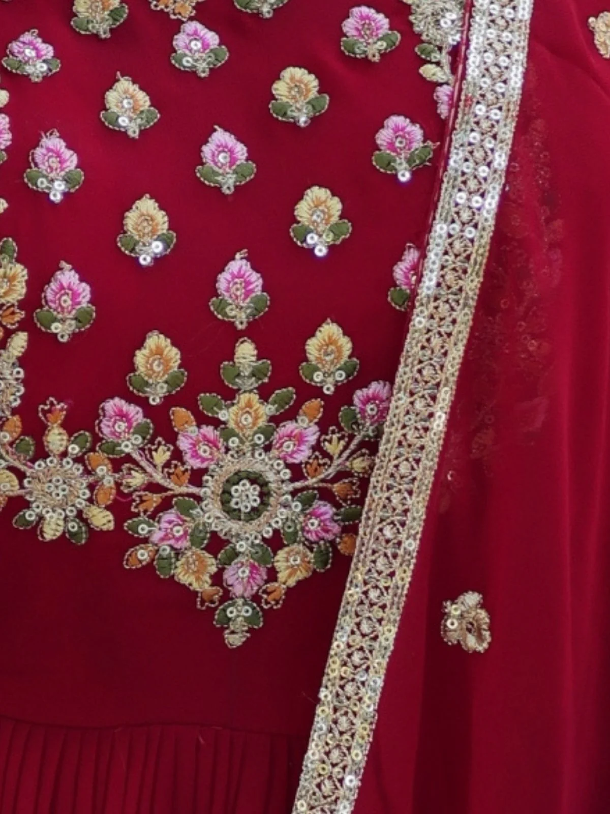 Odette Maroon Georgette Embroidered Stitched Gown With Dupatta For Women - Image 9