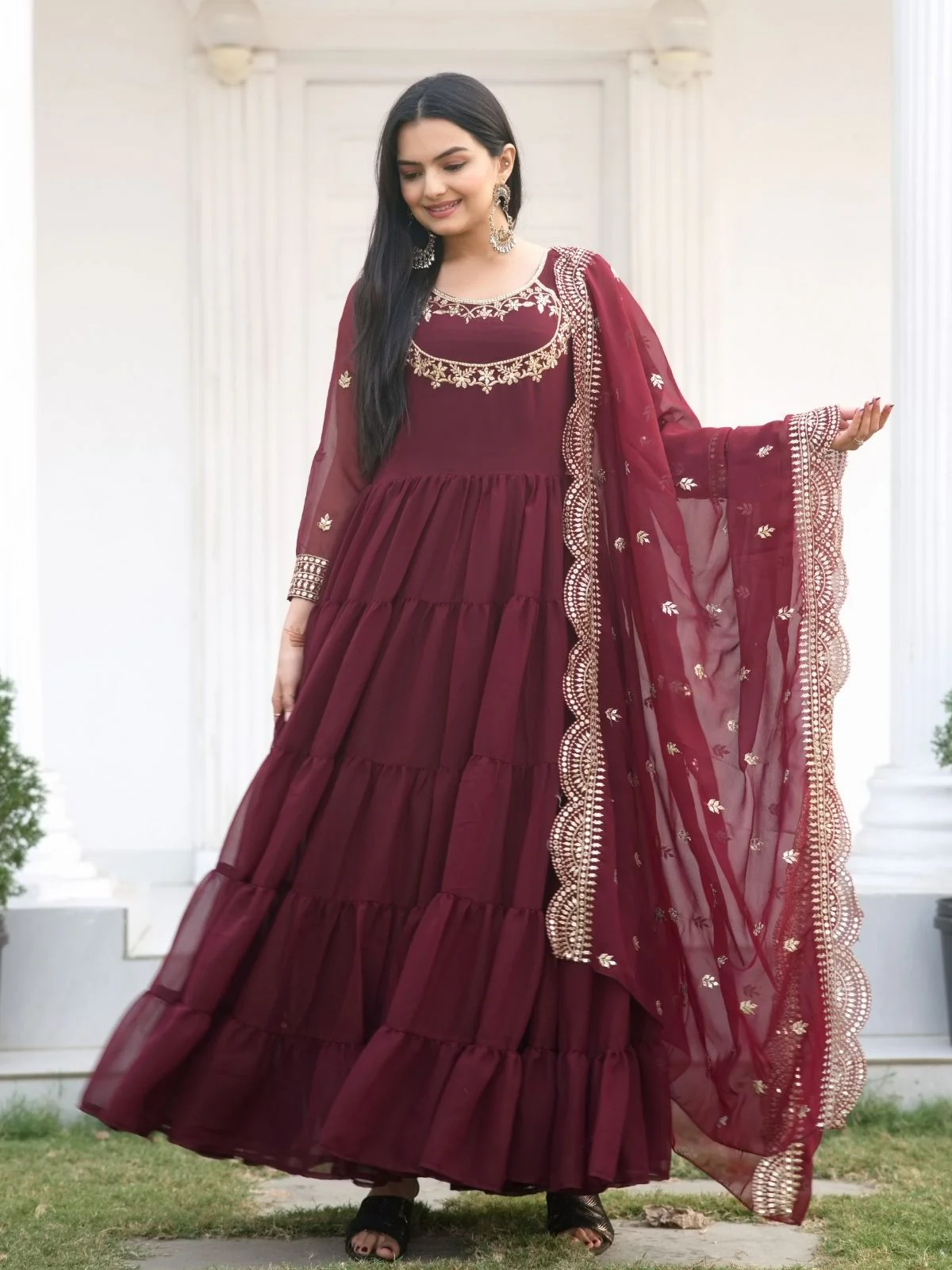 Odette Maroon Georgette Embroidered Stitched Kurta Set For Women - Image 2