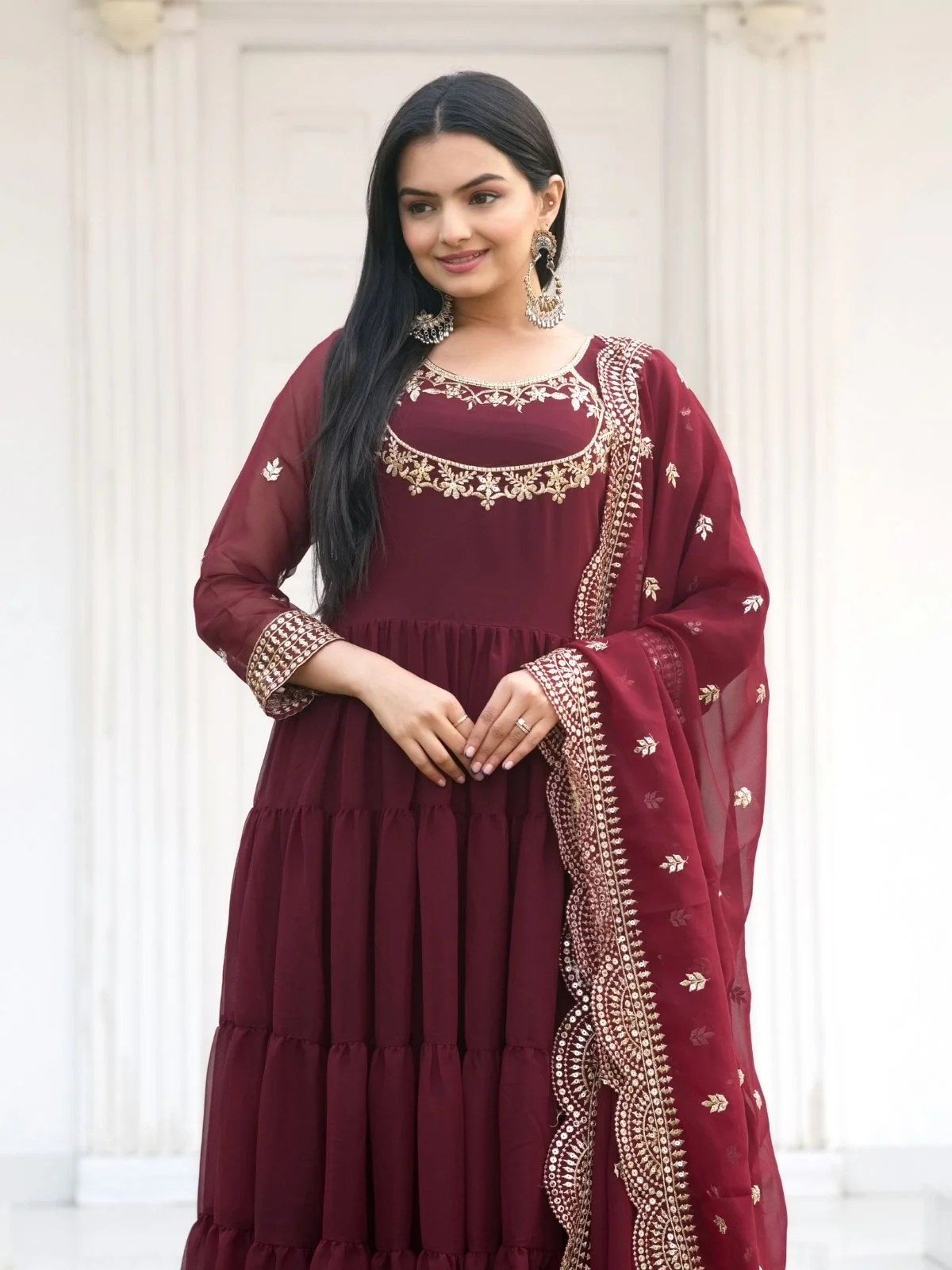 Odette Maroon Georgette Embroidered Stitched Kurta Set For Women - Image 3