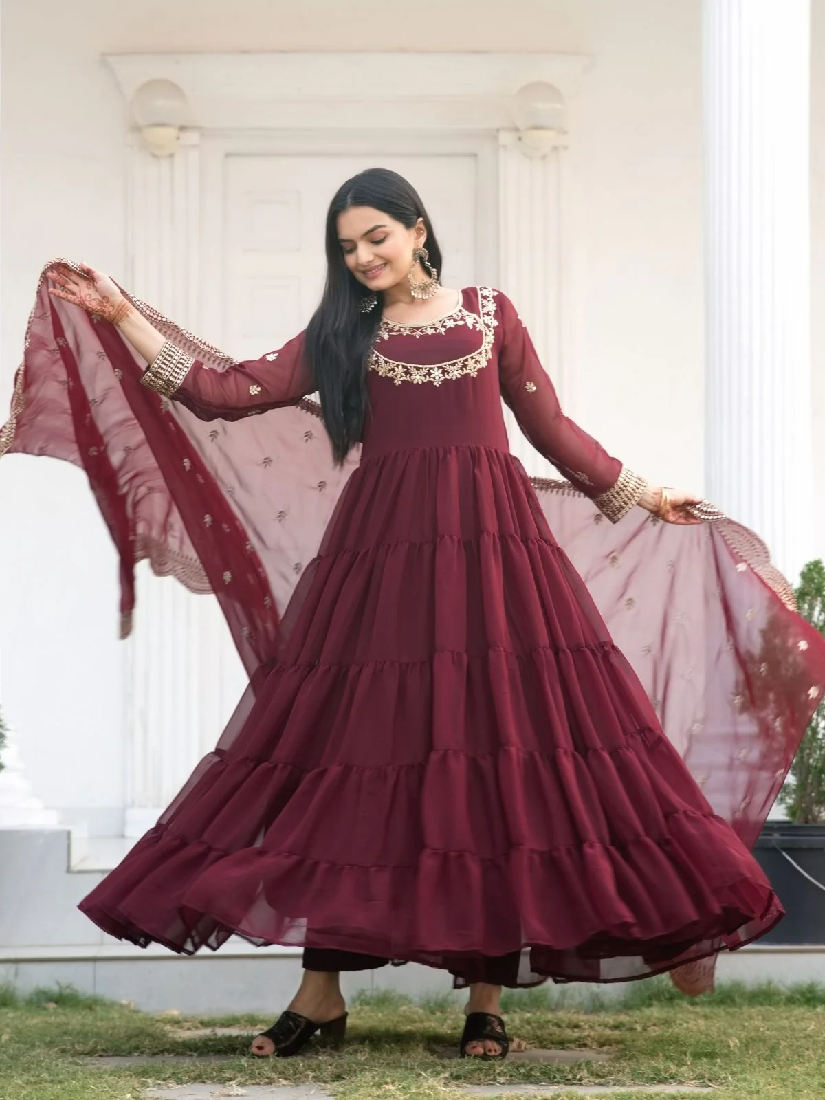 Odette Maroon Georgette Embroidered Stitched Kurta Set For Women - Image 5