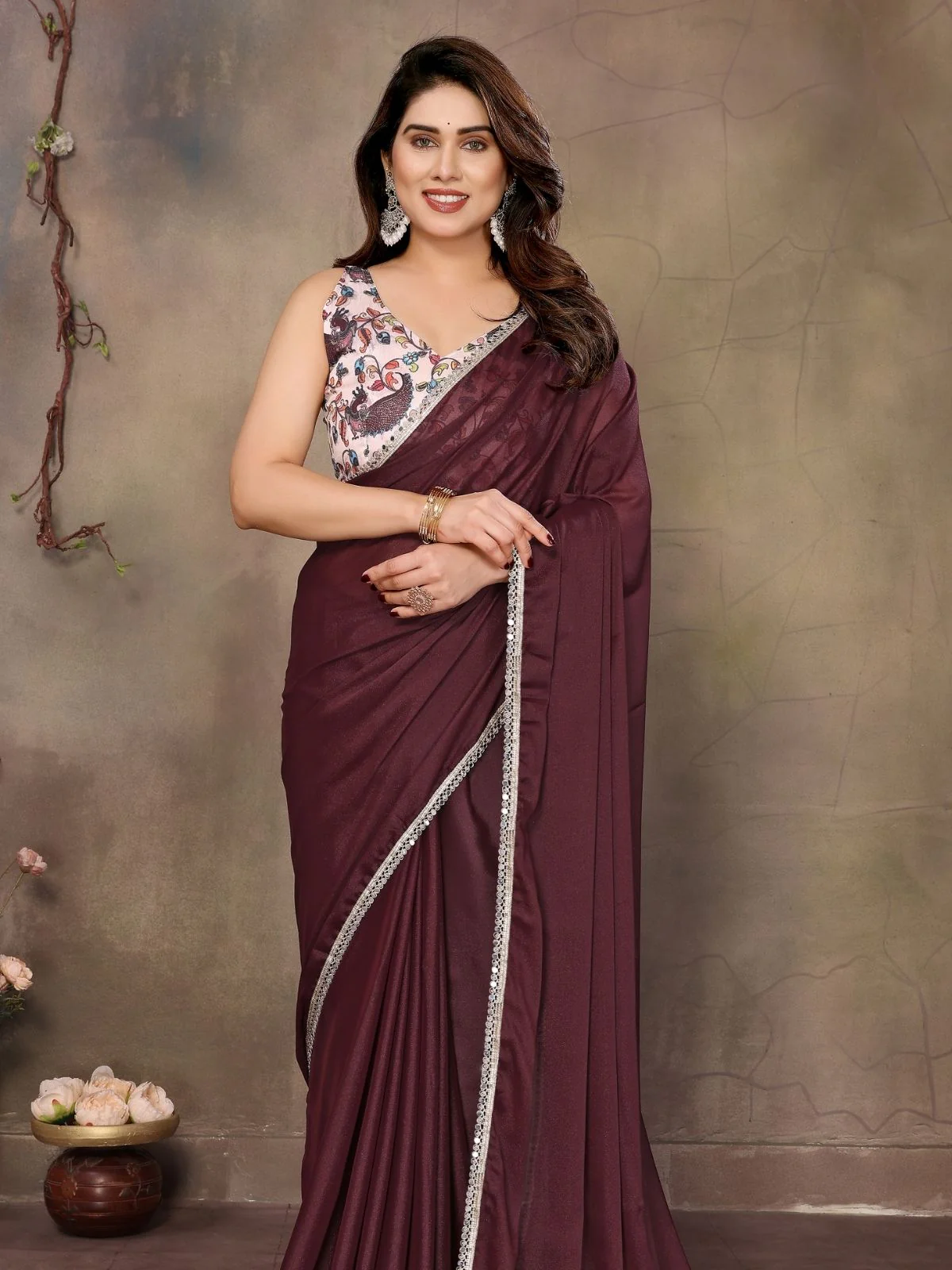 Odette Maroon Georgette Plain Saree With Unstitched Blouse For Women - Image 5
