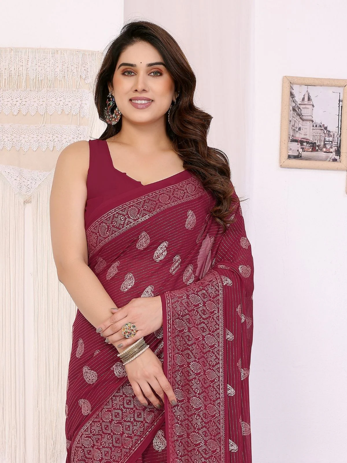 Odette Maroon Georgette Printed Saree For Women - Image 4