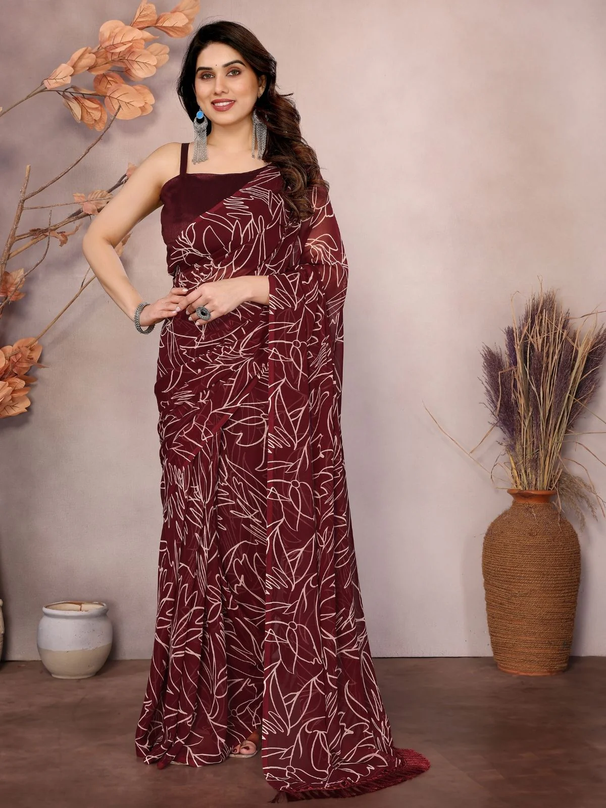 Odette Maroon Georgette Printed Saree With Unstitched Blouse For Women