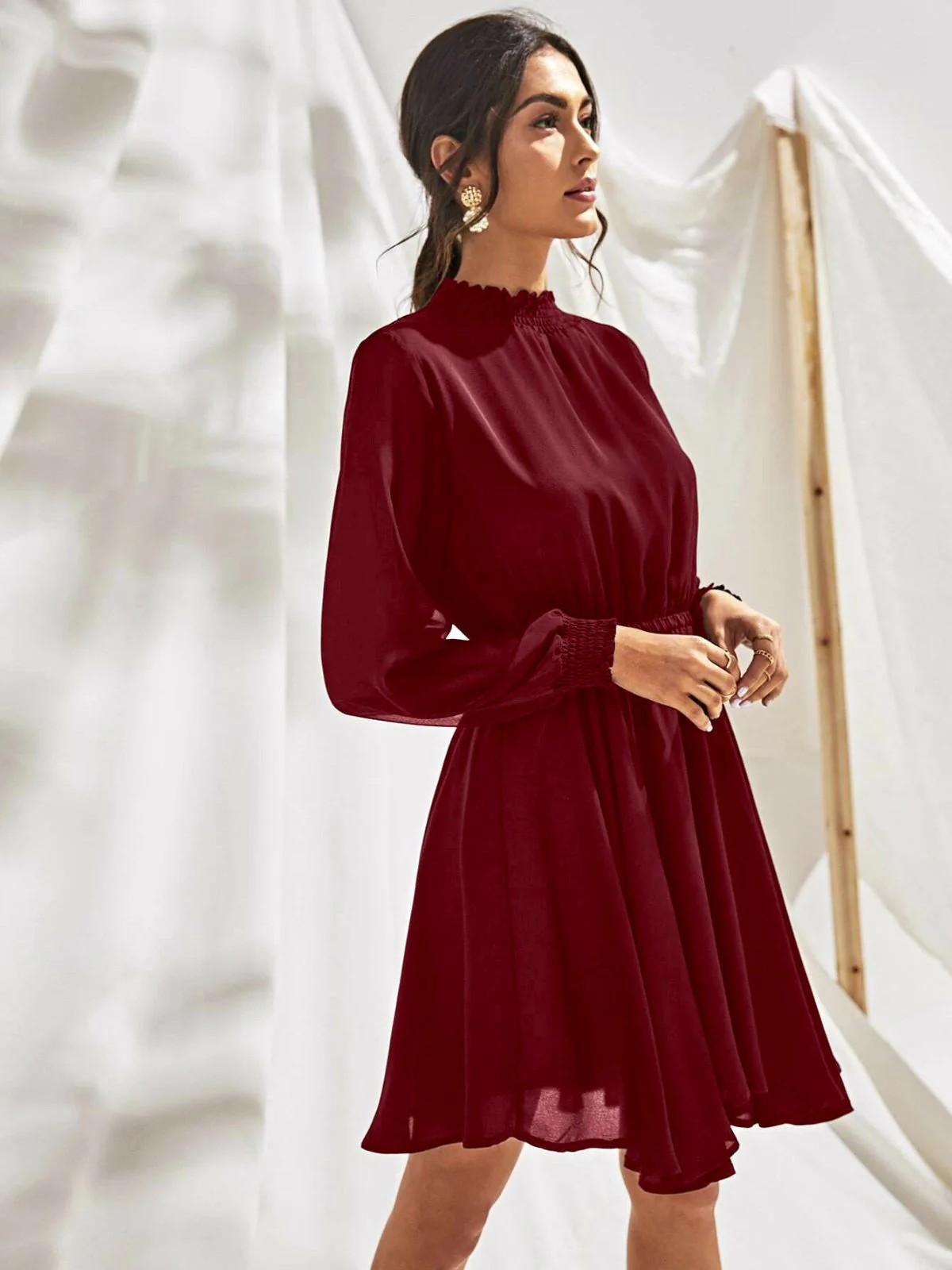 Odette Maroon Georgette Solid Dress For Women - Image 3