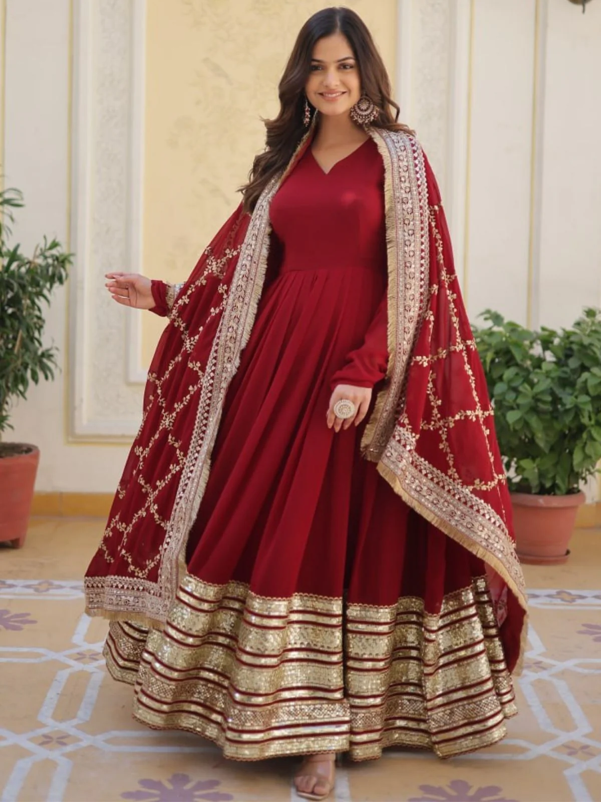 Odette Maroon Georgette Stitched Gown With Dupatta For Women