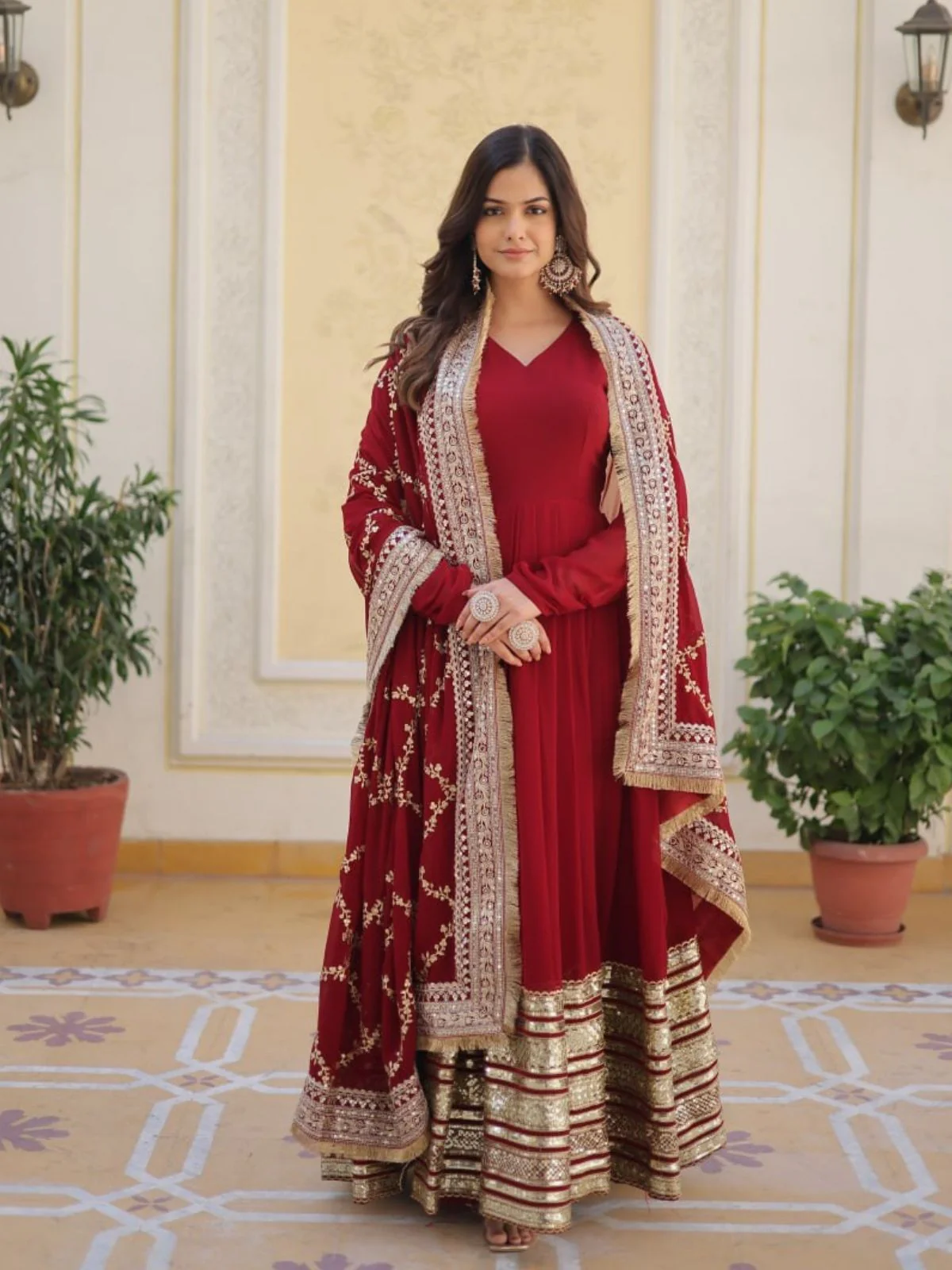 Odette Maroon Georgette Stitched Gown With Dupatta For Women - Image 2