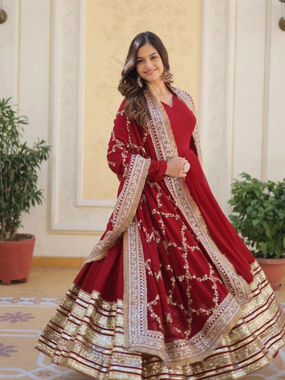 Odette Maroon Georgette Stitched Gown With Dupatta For Women - Image 3