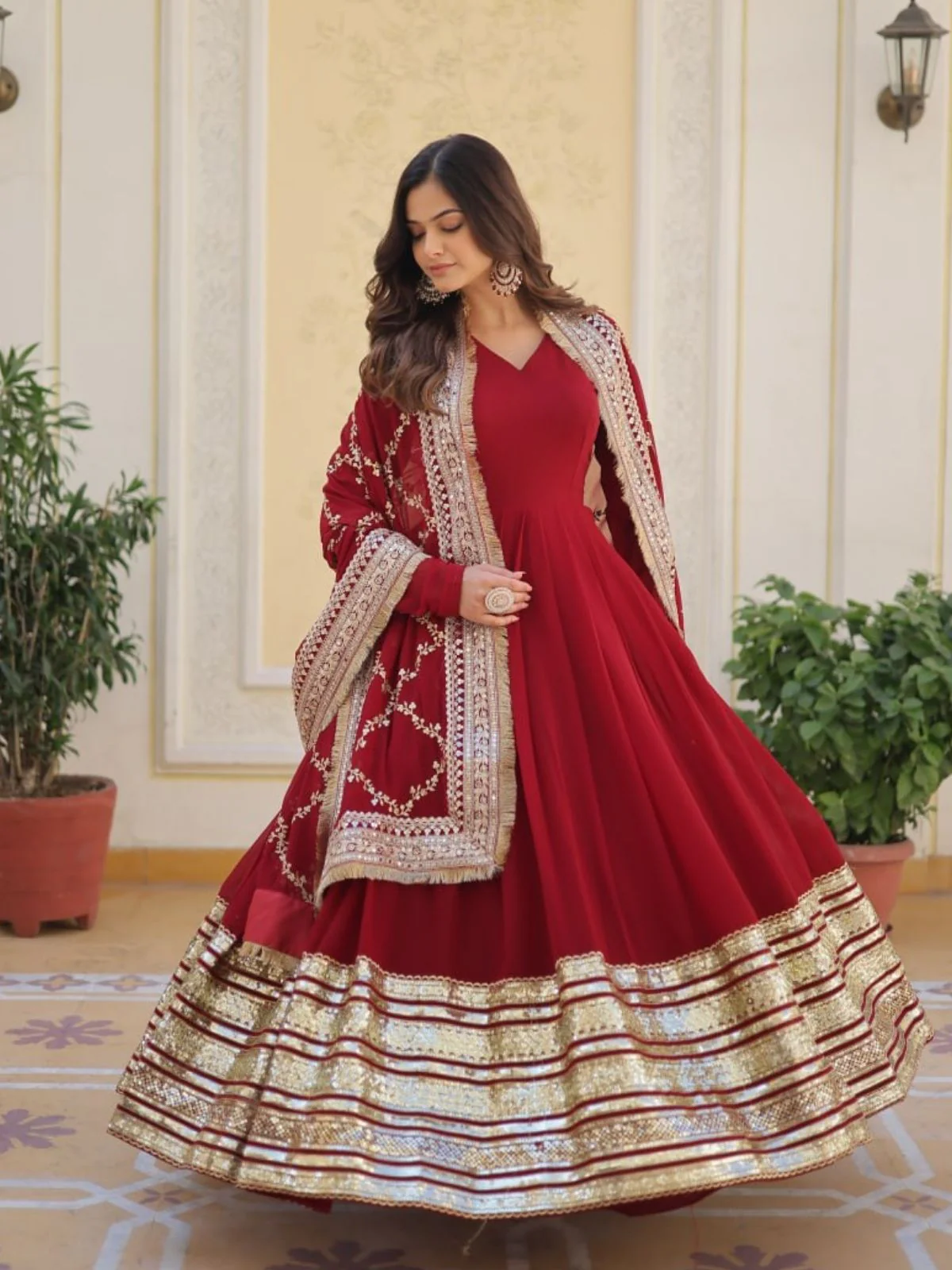 Odette Maroon Georgette Stitched Gown With Dupatta For Women - Image 4