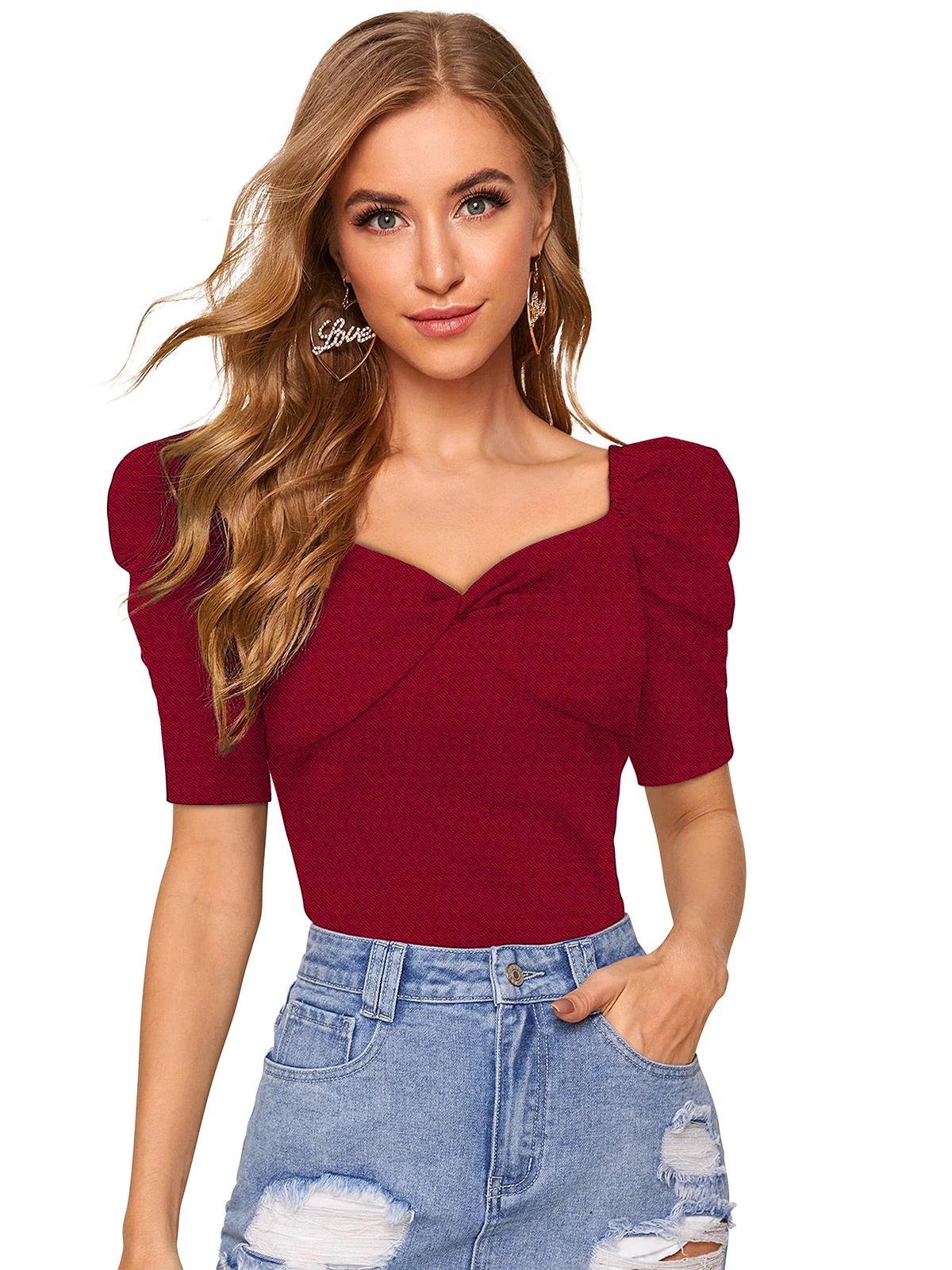 Odette Maroon Knit Fabric Top For Women - Image 3
