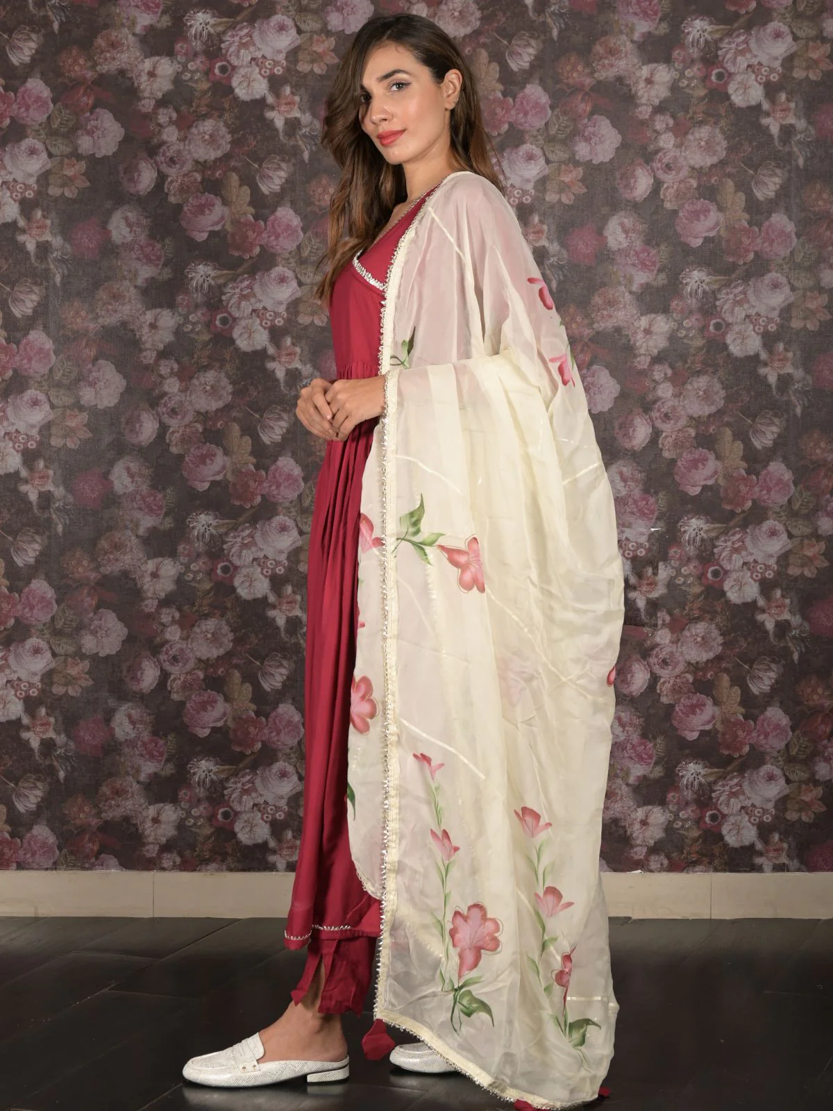 Odette Maroon Long Stitched Kurta Set With Dupatta For Women - Image 2