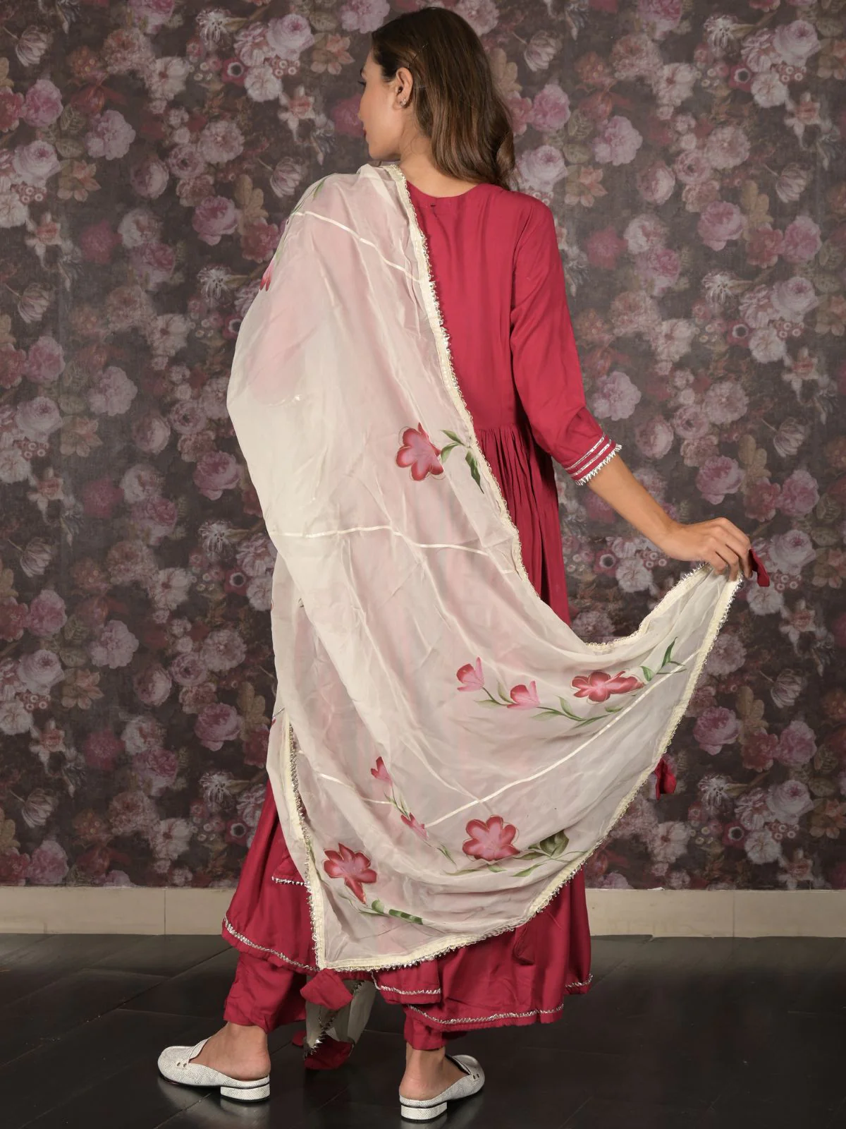 Odette Maroon Long Stitched Kurta Set With Dupatta For Women - Image 4