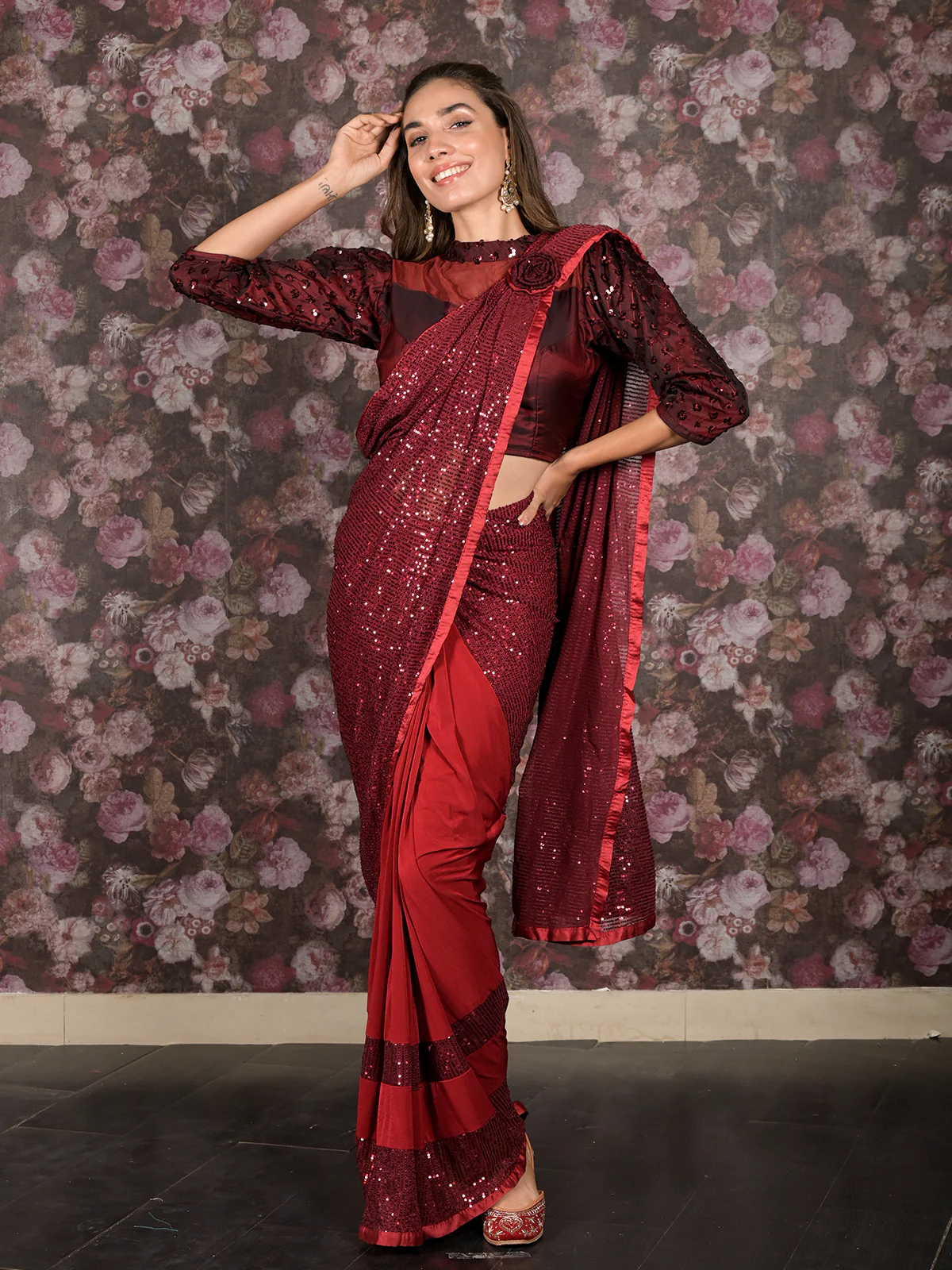 Odette Maroon Lycra Sequins Ready-to-Wear Saree with Stitched Blouse for Women - Image 2