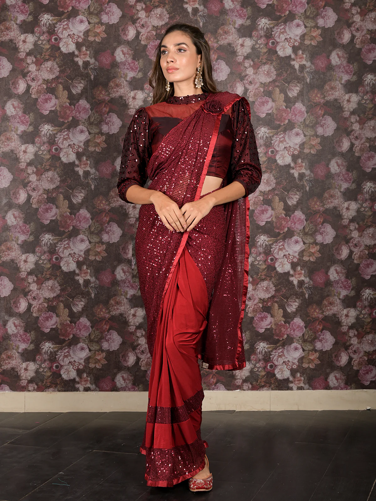 Odette Maroon Lycra Sequins Ready-to-Wear Saree with Stitched Blouse for Women - Image 3