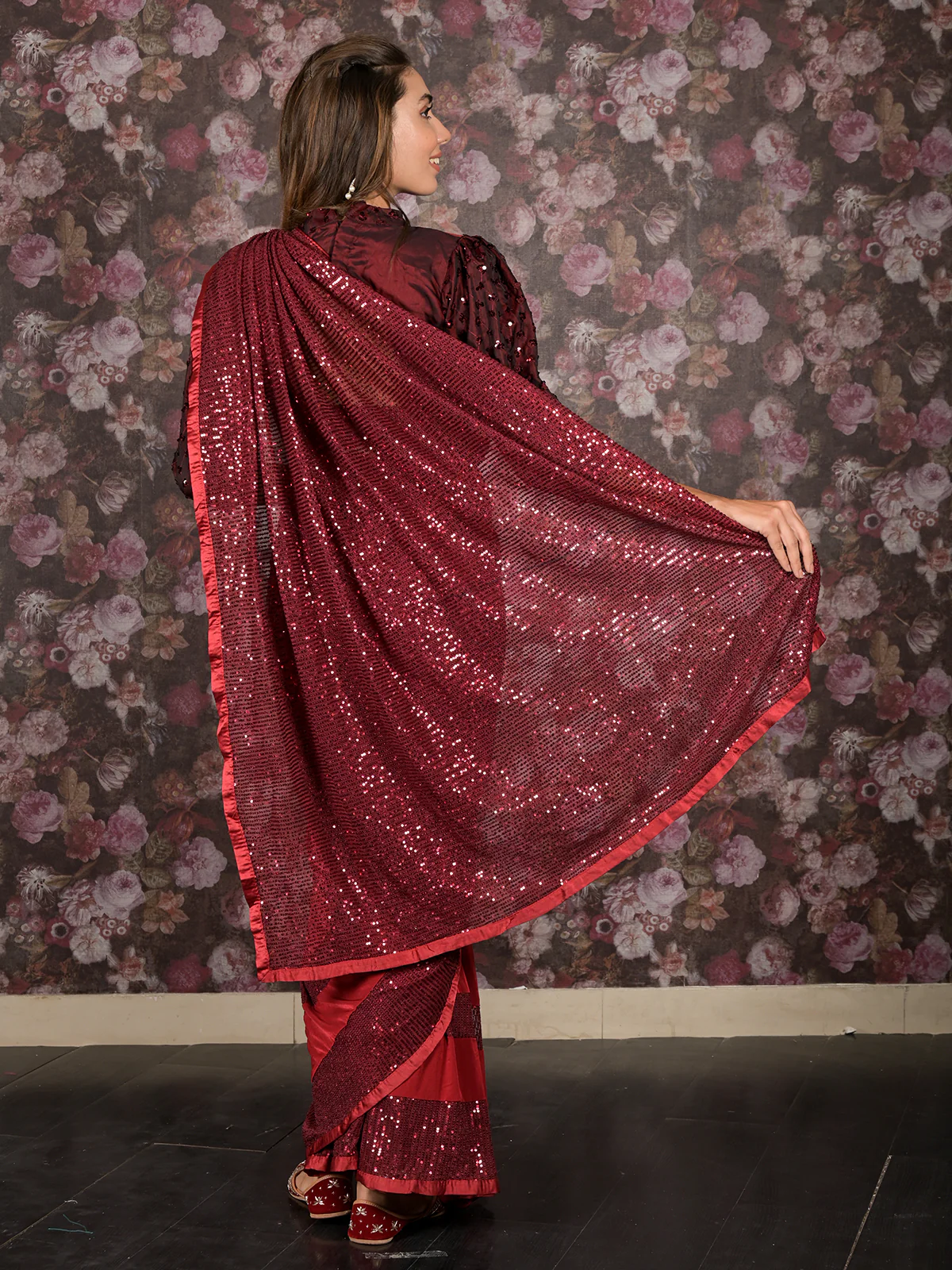 Odette Maroon Lycra Sequins Ready-to-Wear Saree with Stitched Blouse for Women - Image 5
