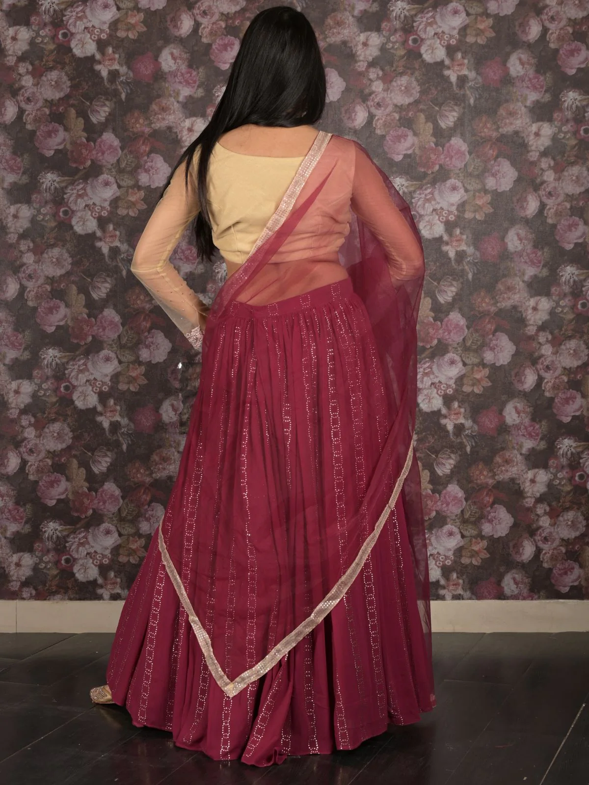 Odette Maroon Maukaish Embellieshed Semi Stitched Lehenga Set With Dupatta And Unstitched Blouse For Women - Image 4