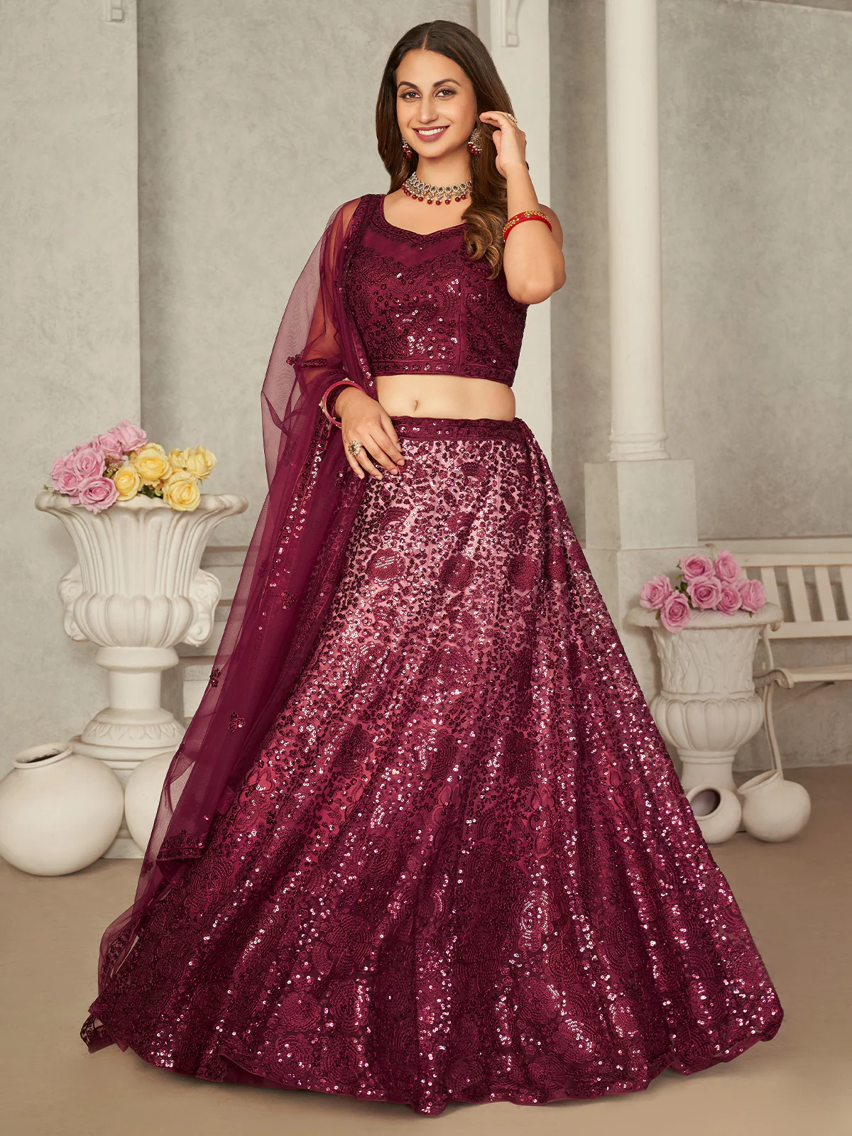 Odette Maroon Net Embellished Semi Stitched Lehenga With Unstitched Blouse for Women - Image 2