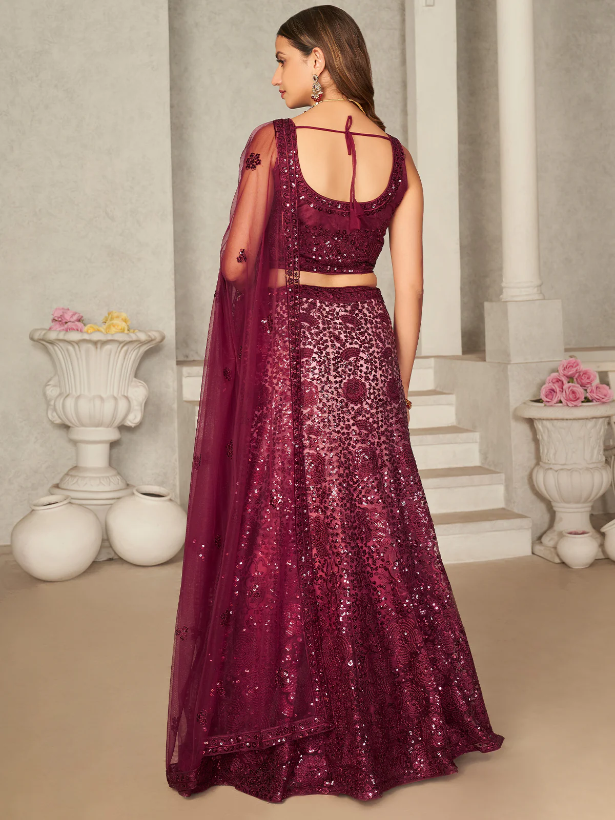 Odette Maroon Net Embellished Semi Stitched Lehenga With Unstitched Blouse for Women - Image 3