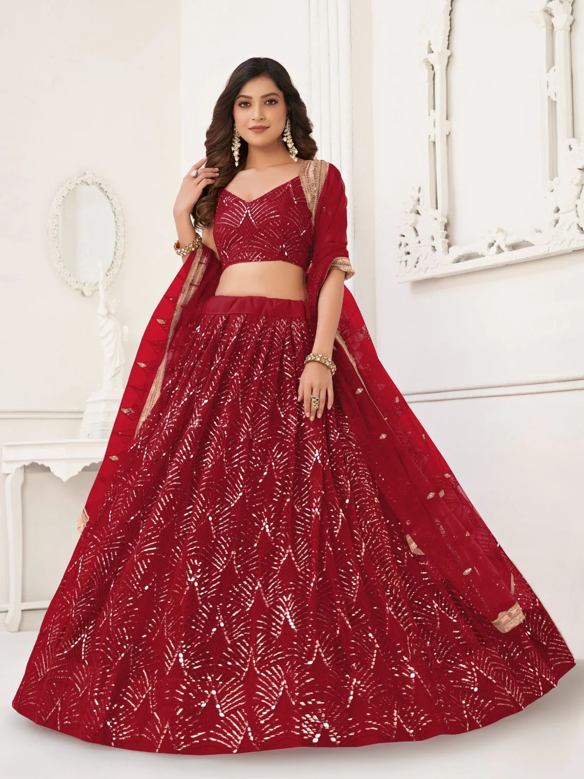 Odette Maroon Net Embroidered Semi Stitched Lehenga For Women