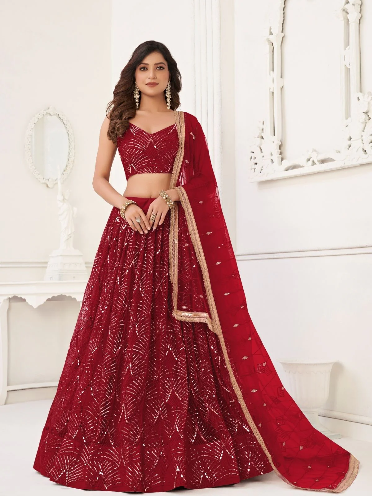 Odette Maroon Net Embroidered Semi Stitched Lehenga For Women - Image 2